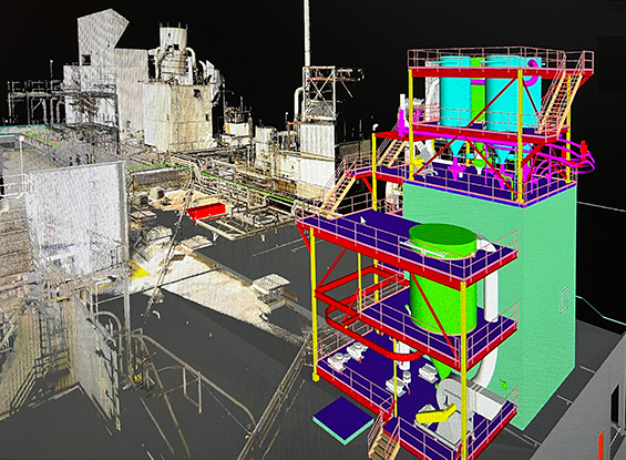 Digital 3D rendering of an industrial facility with colored structural and piping components, featuring multiple levels and equipment.