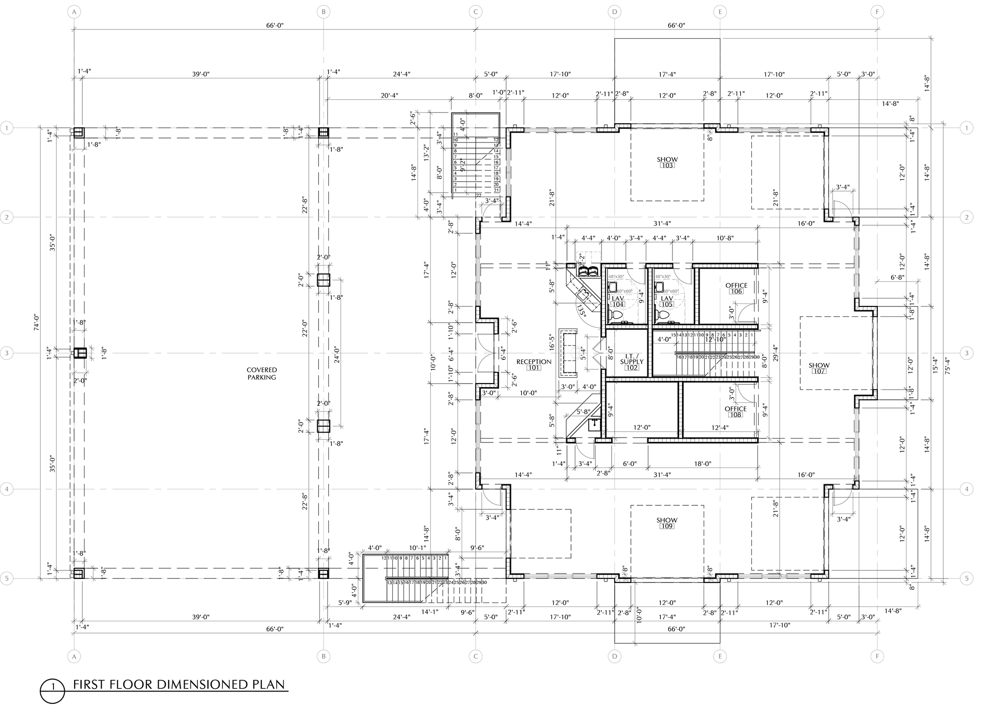 A detailed architectural blueprint of the first floor of a building, showing rooms, measurements, and layout details, with a large covered parking area to the left.