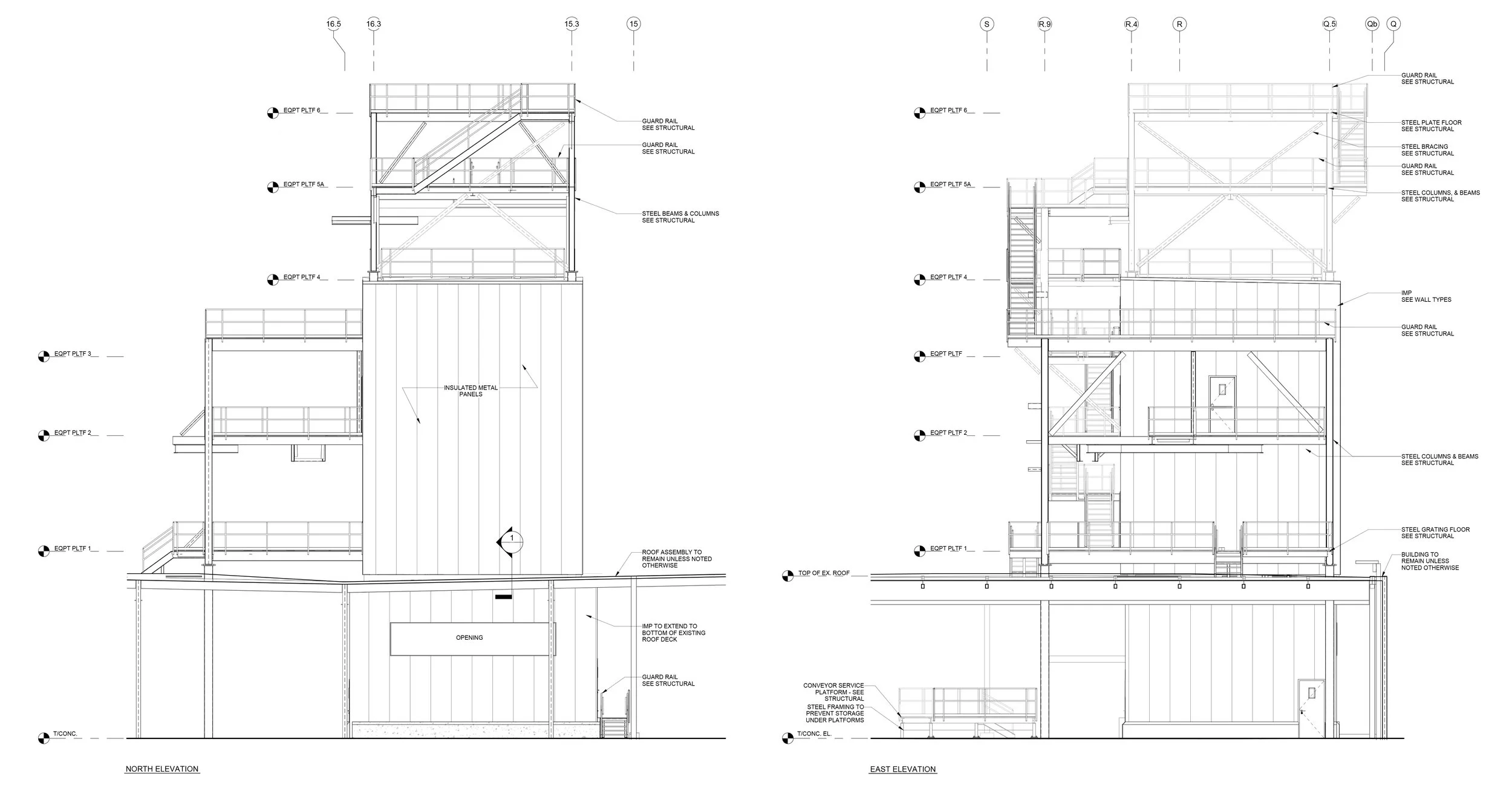 Architectural blueprint of a multi-story building with detailed sections showing structural elements, metal panels, steel beams, guard rails, and staircases, with North and East elevation views labeled.