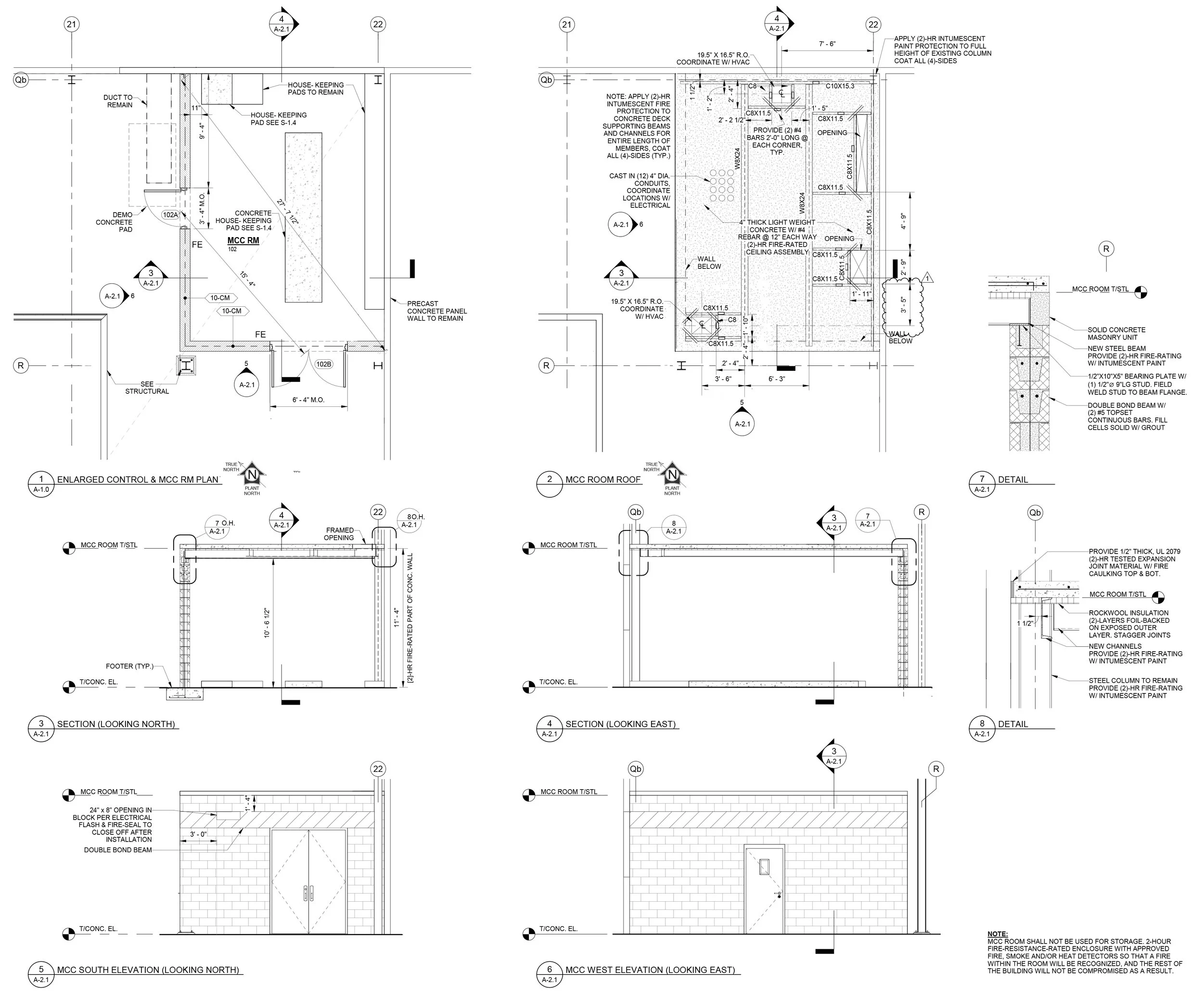 Architectural blueprint with detailed floor plans, elevations, and sections of a building, including notes on materials, dimensions, and construction details.