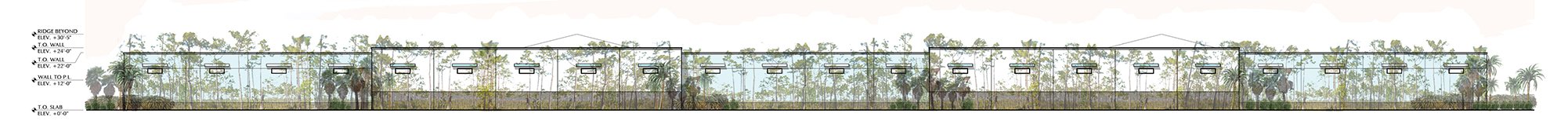 Architectural elevation drawing of a building with glass walls and multiple window openings, surrounded by trees, with elevation measurements noted on the left side.