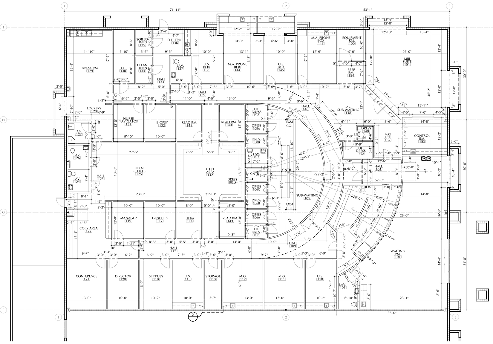 Architectural floor plan of a health and life sciences facility, showing various rooms labeled for medical and administrative use, including offices, labs, patient rooms, and reception areas.