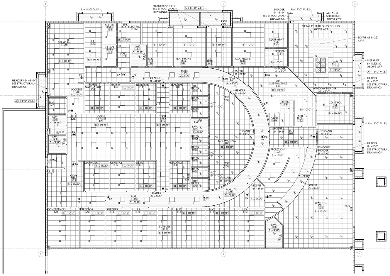 Architectural reflected ceiling plan for an MRI, radio frequency interference protection, and the hazard of toxic vapors and gasses within a medical facility, showing equipment, separations, and an existing structure being re-purposed for a new use .