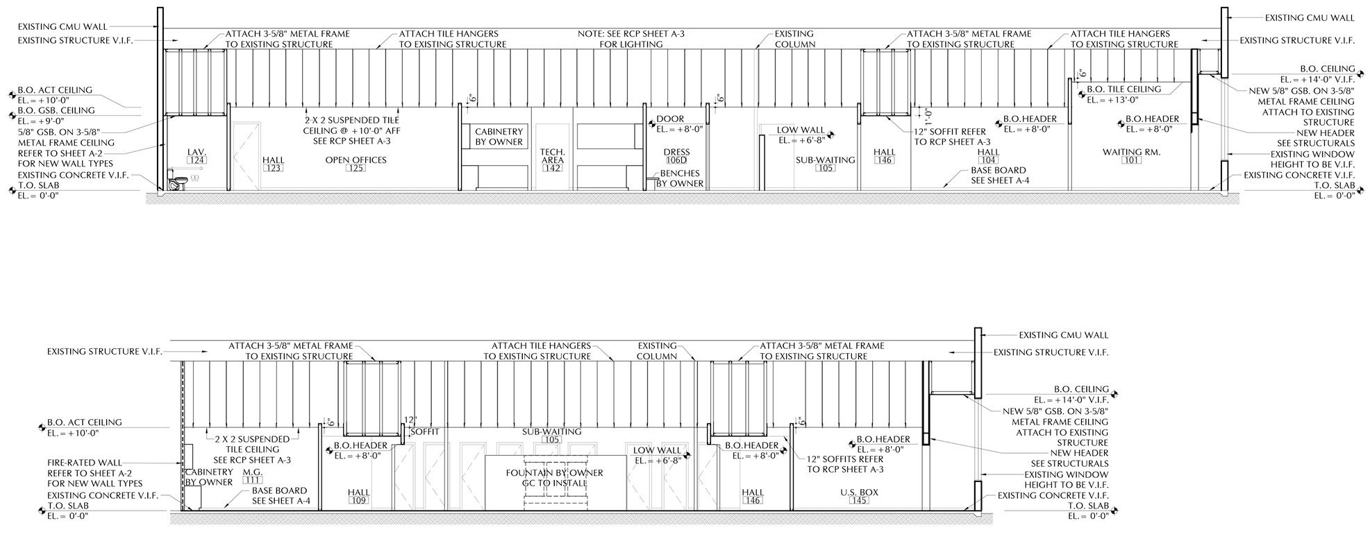 Architectural section drawings of interior wall details, including ceiling heights, wall materials, door and window placements, and structural components.