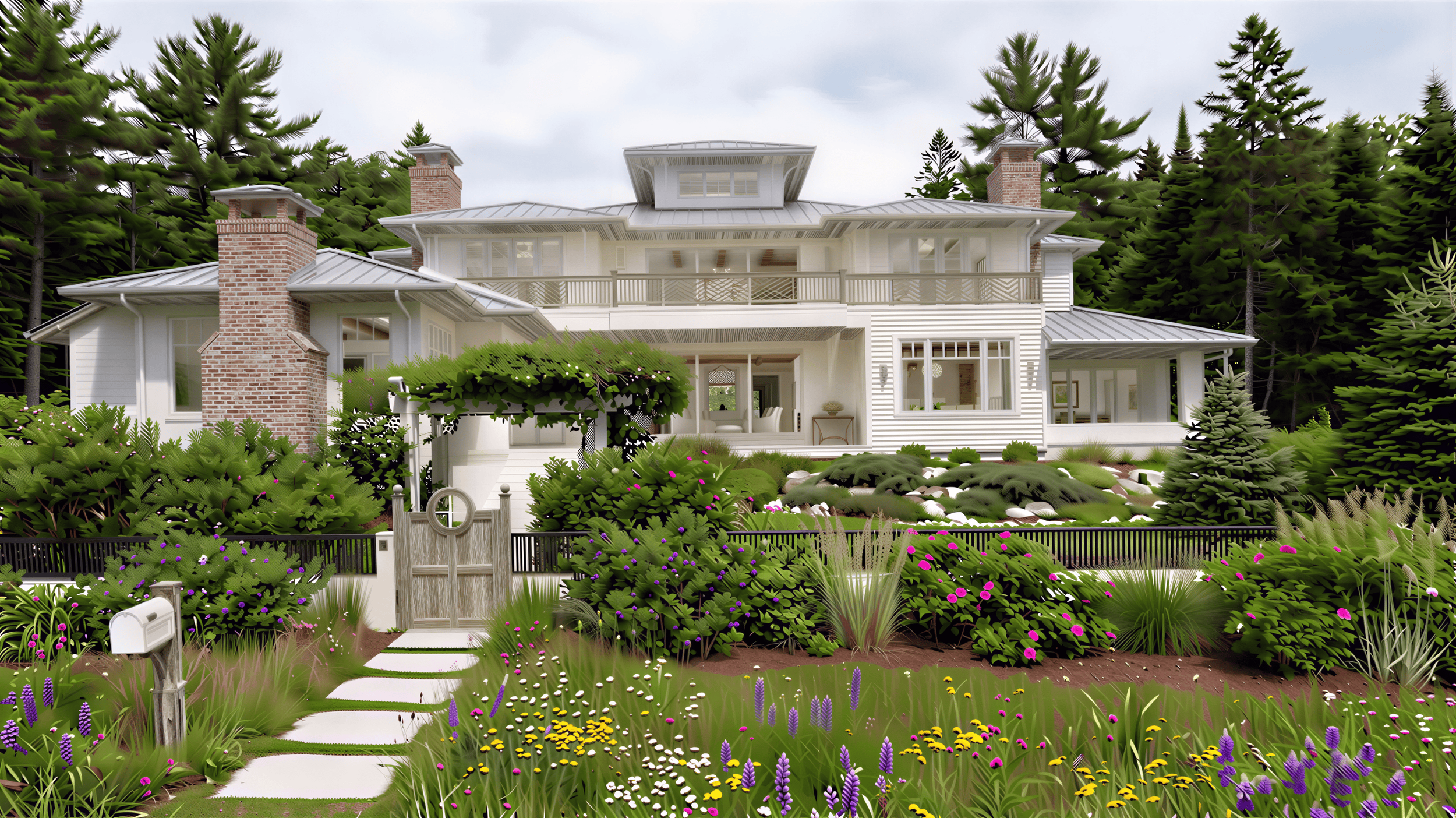 Two story traditional coastal Maine home with an outdoor living space.