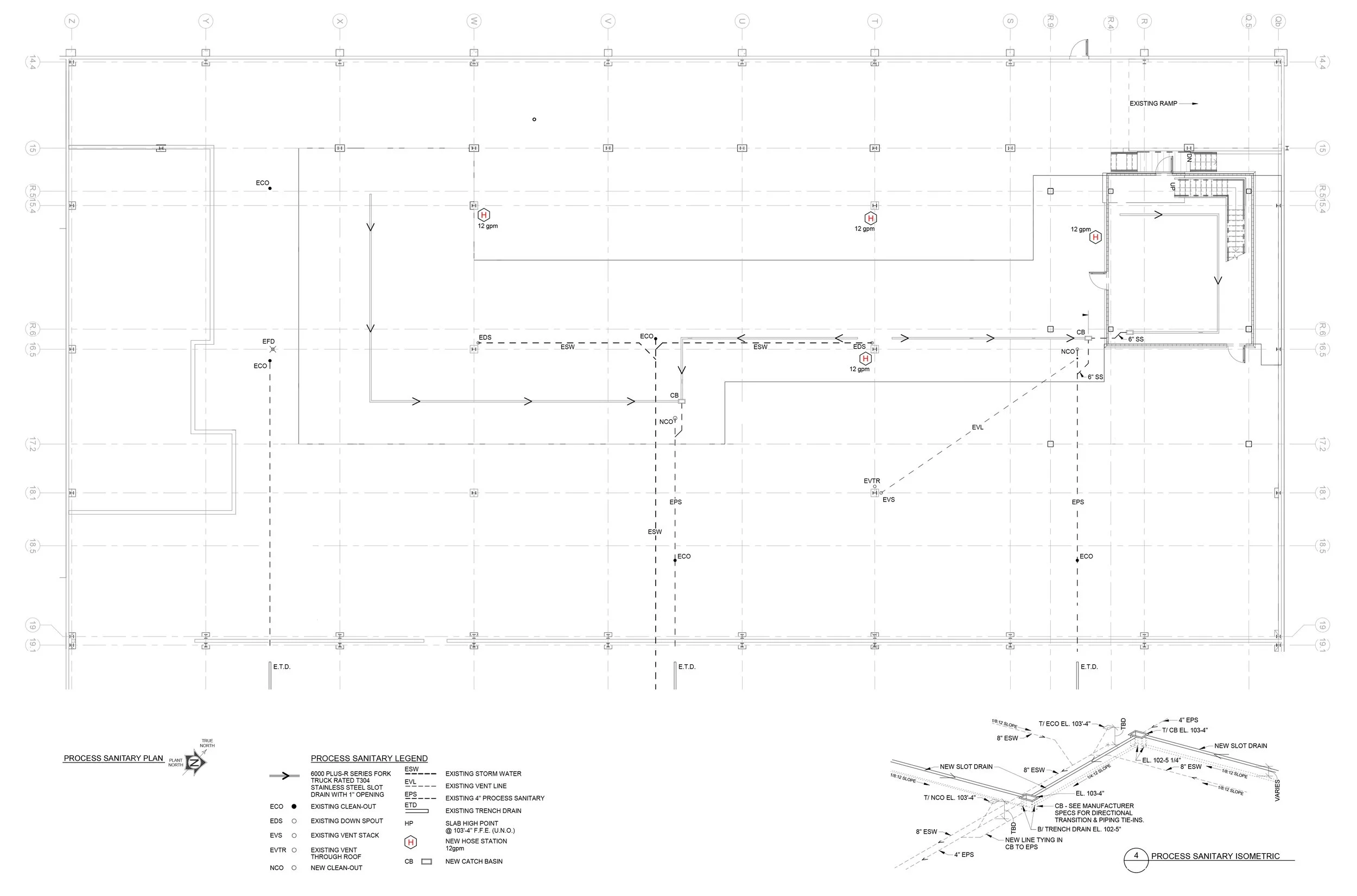Diagram of a process sanitation plan with various piping, drainage, and vent lines, including labels for storm water, vent stack, and drainage systems.