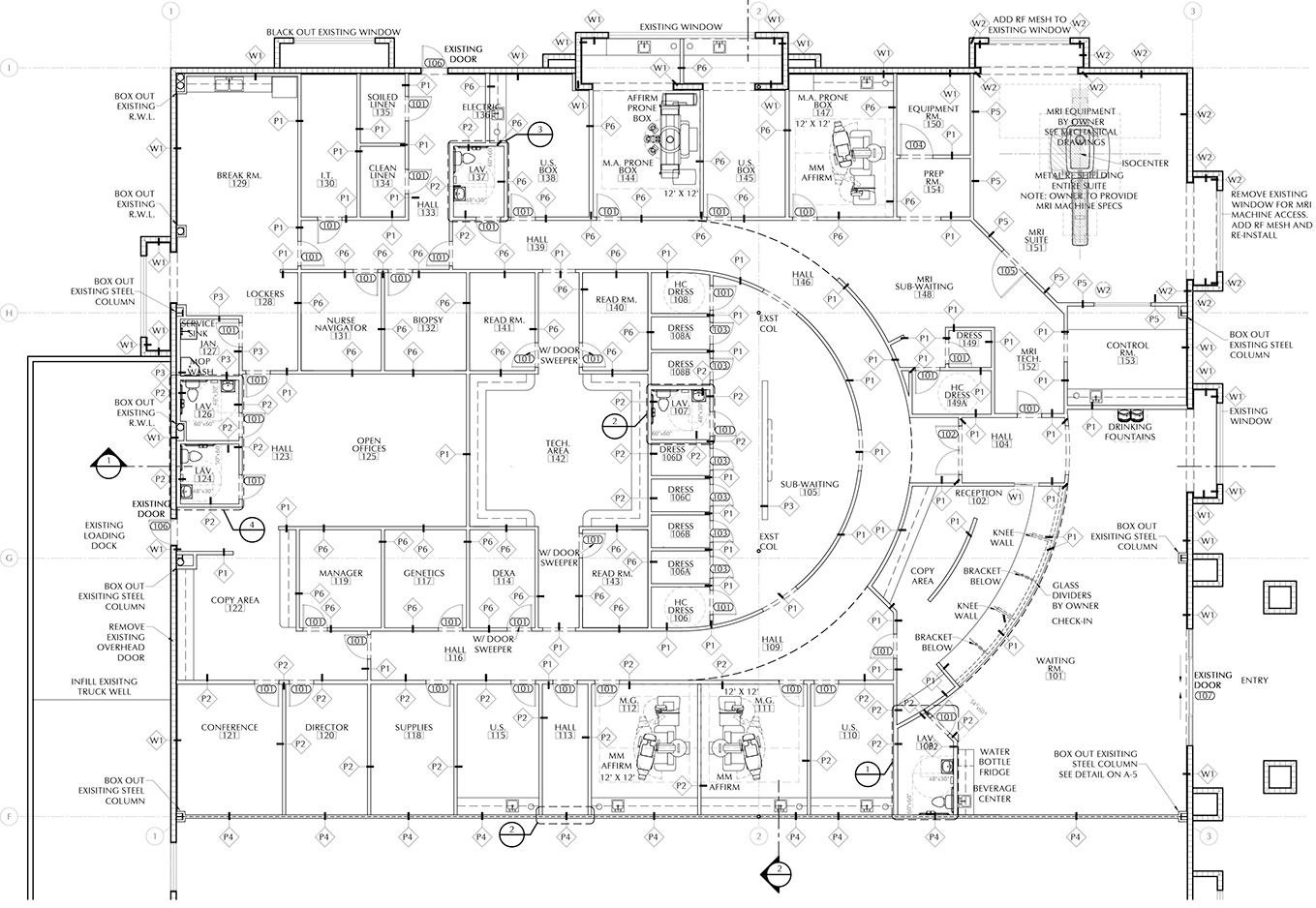 A detailed architectural floor plan of a medical or laboratory facility, showing various rooms, equipment, and structural elements.