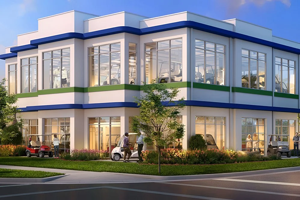 A two-story modern building with large glass windows, surrounded by a well-kept garden, featuring several people and golf carts outside.