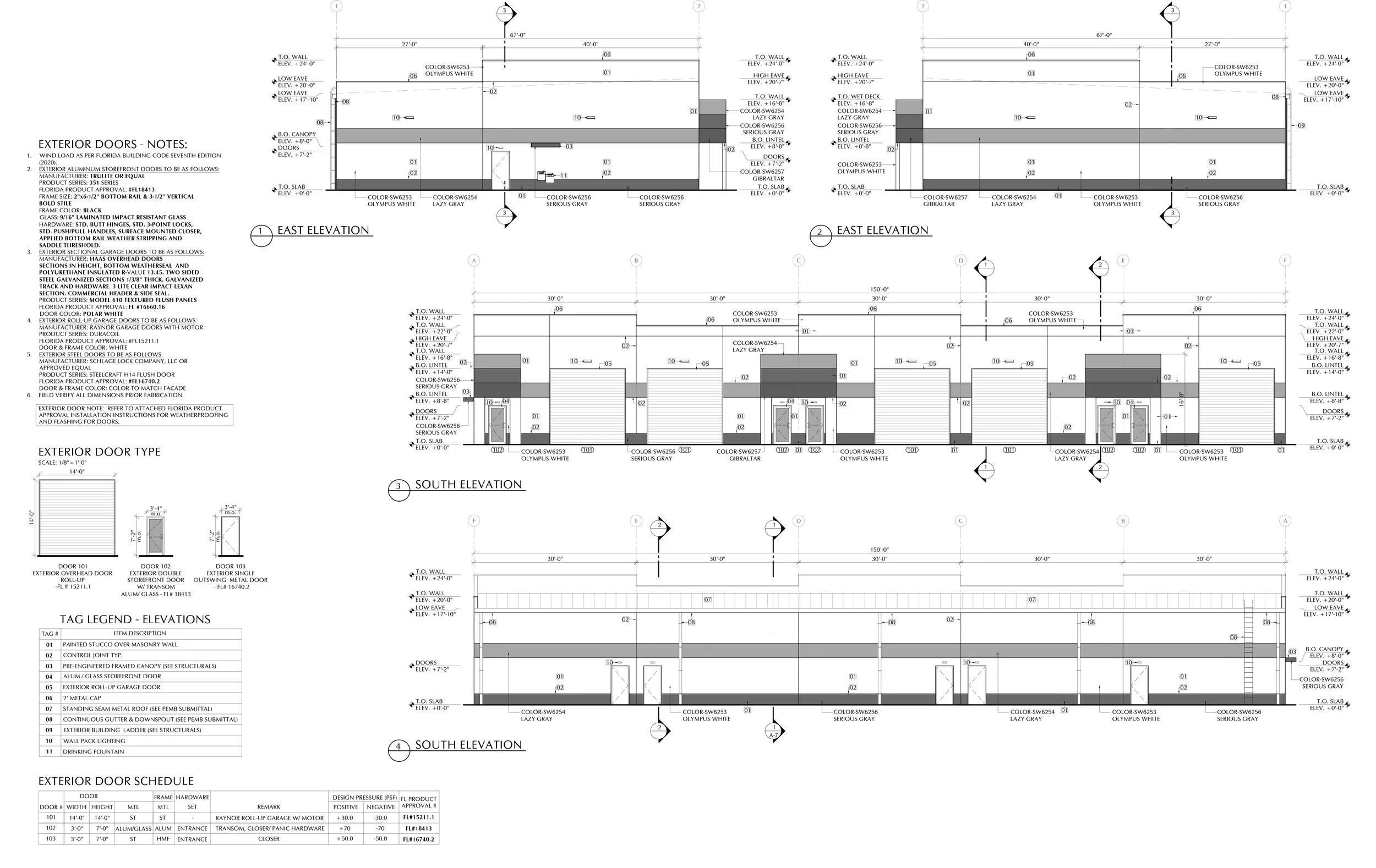 Architectural blueprint of exterior doors, showing elevations, door types, schedule, and tag legend with detailed specifications.