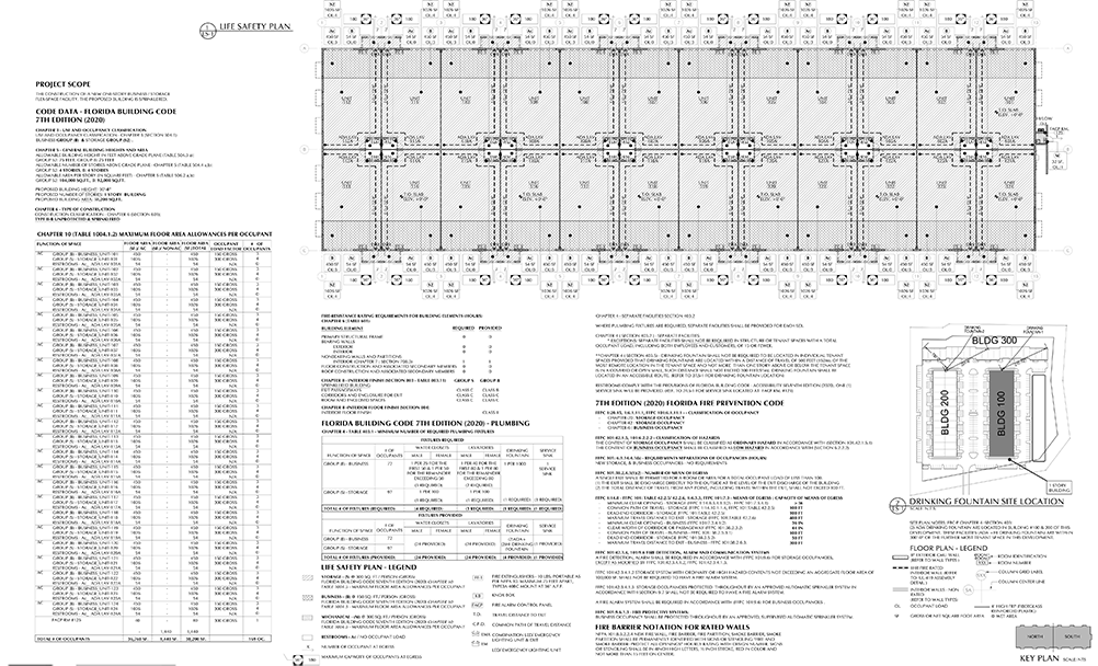 Architectural site plan and layout related to fire safety and building codes, including diagrams of fire barriers, fire sprinkler zones, drinking fountain location, and building structure details.