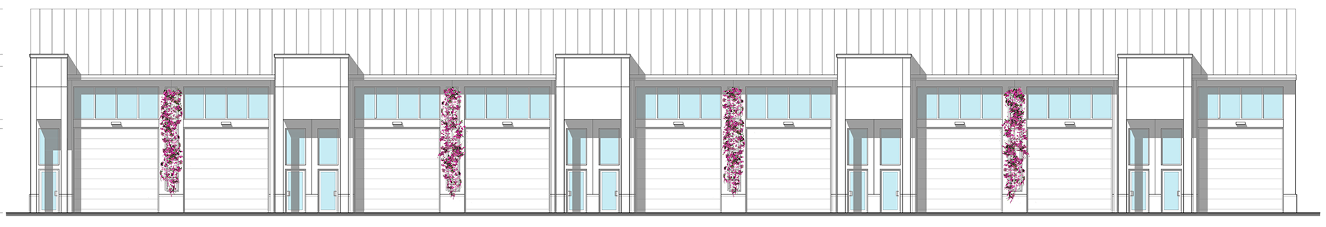 Line drawing of a row of townhouses with garage doors, windows, and pink flowering vines on columns.