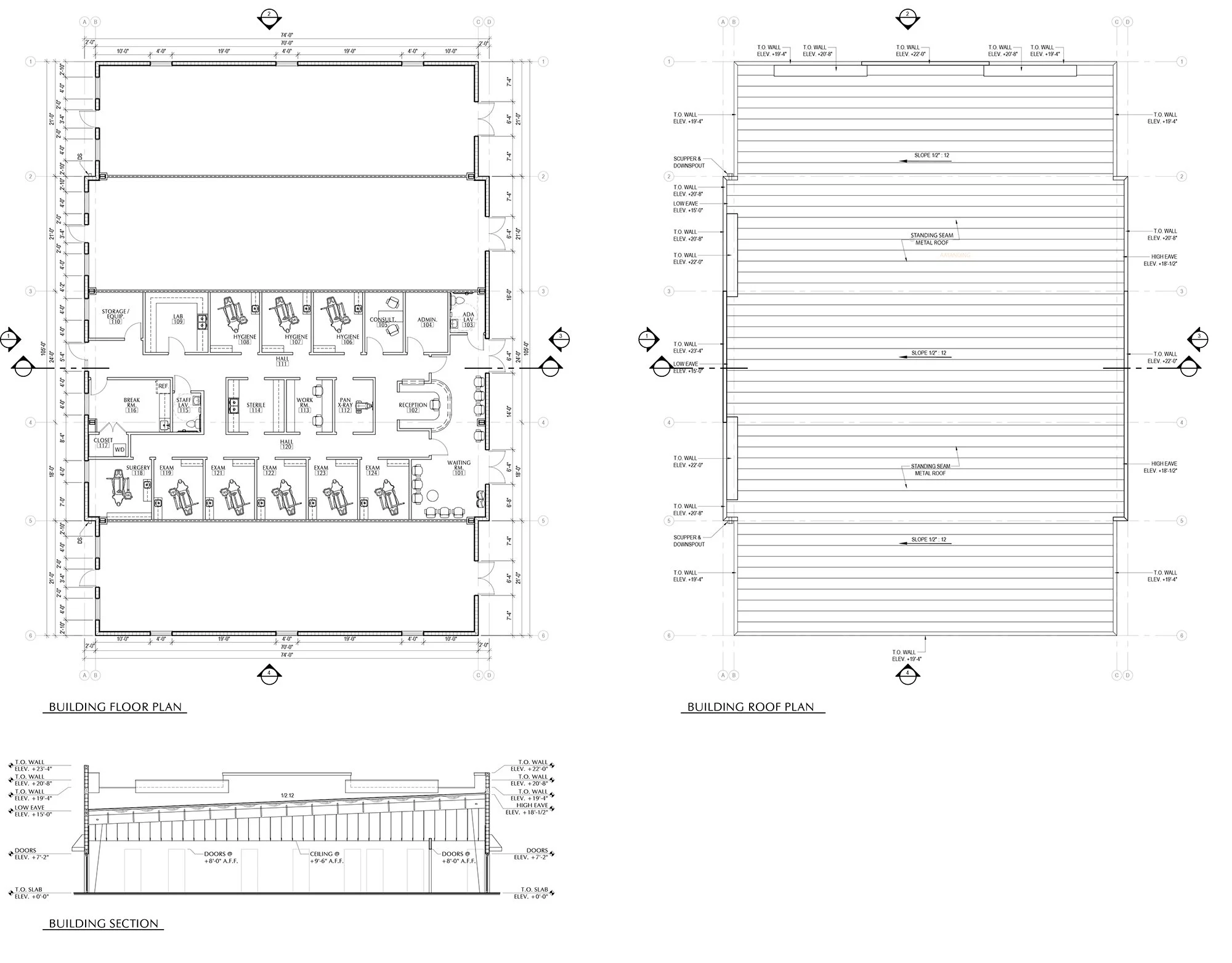 Architectural blueprints of a hospital building, including floor plan, roof plan, and building section, with detailed room layouts, measurements, and construction notes.
