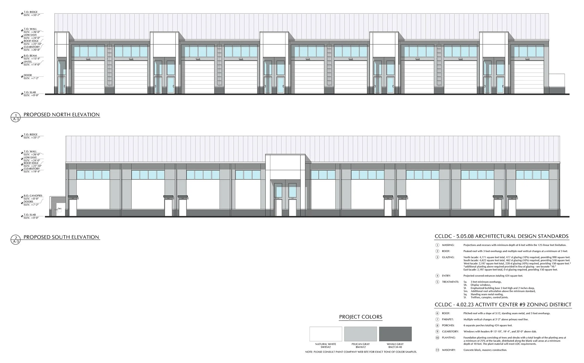 Architectural drawings of a proposed building's north and south elevations, showing exterior wall designs, doors, windows, and construction details.
