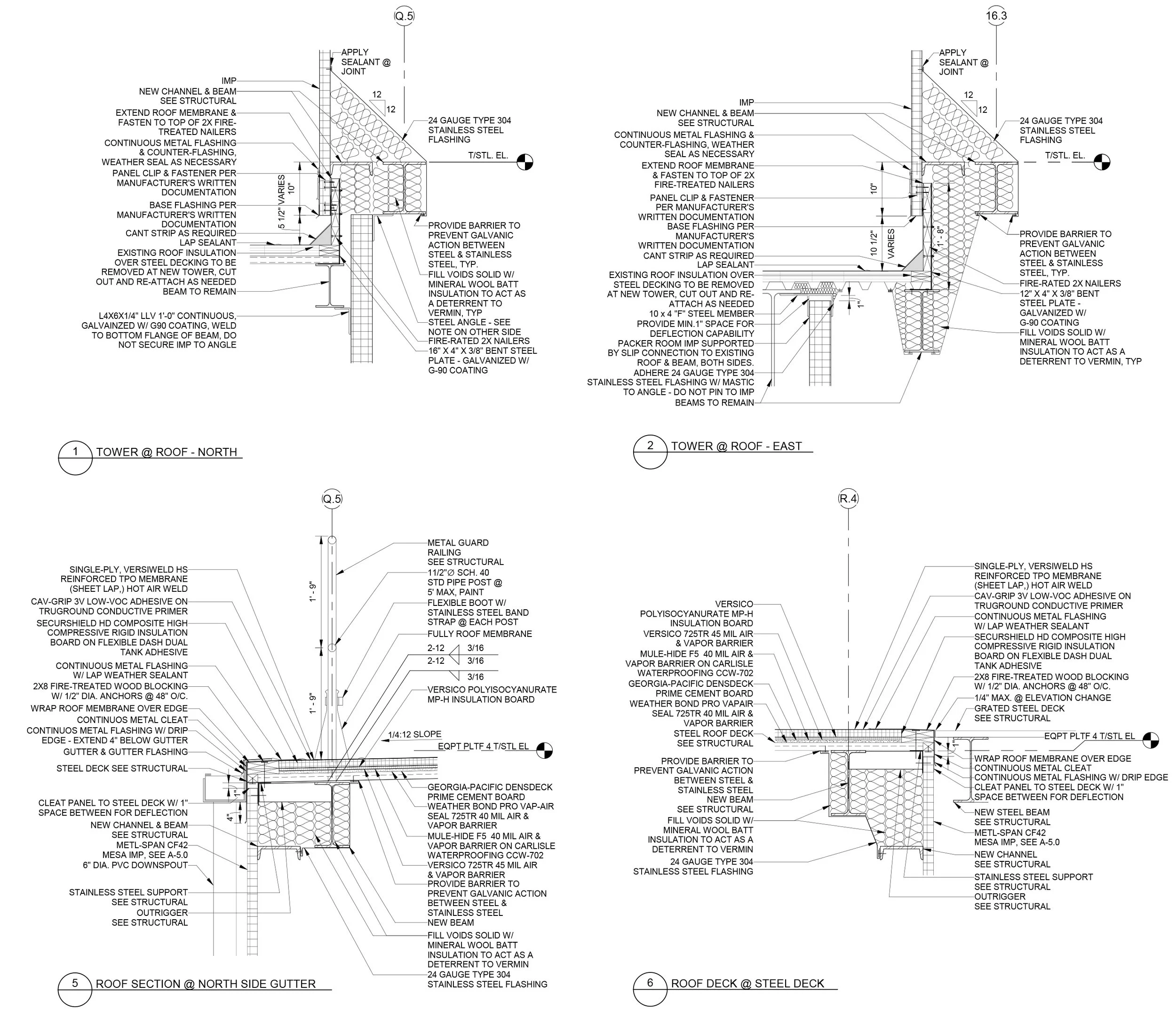 Engineering architectural drawings of a tower roof and roof deck, including detailed construction notes and specifications for materials and installation.