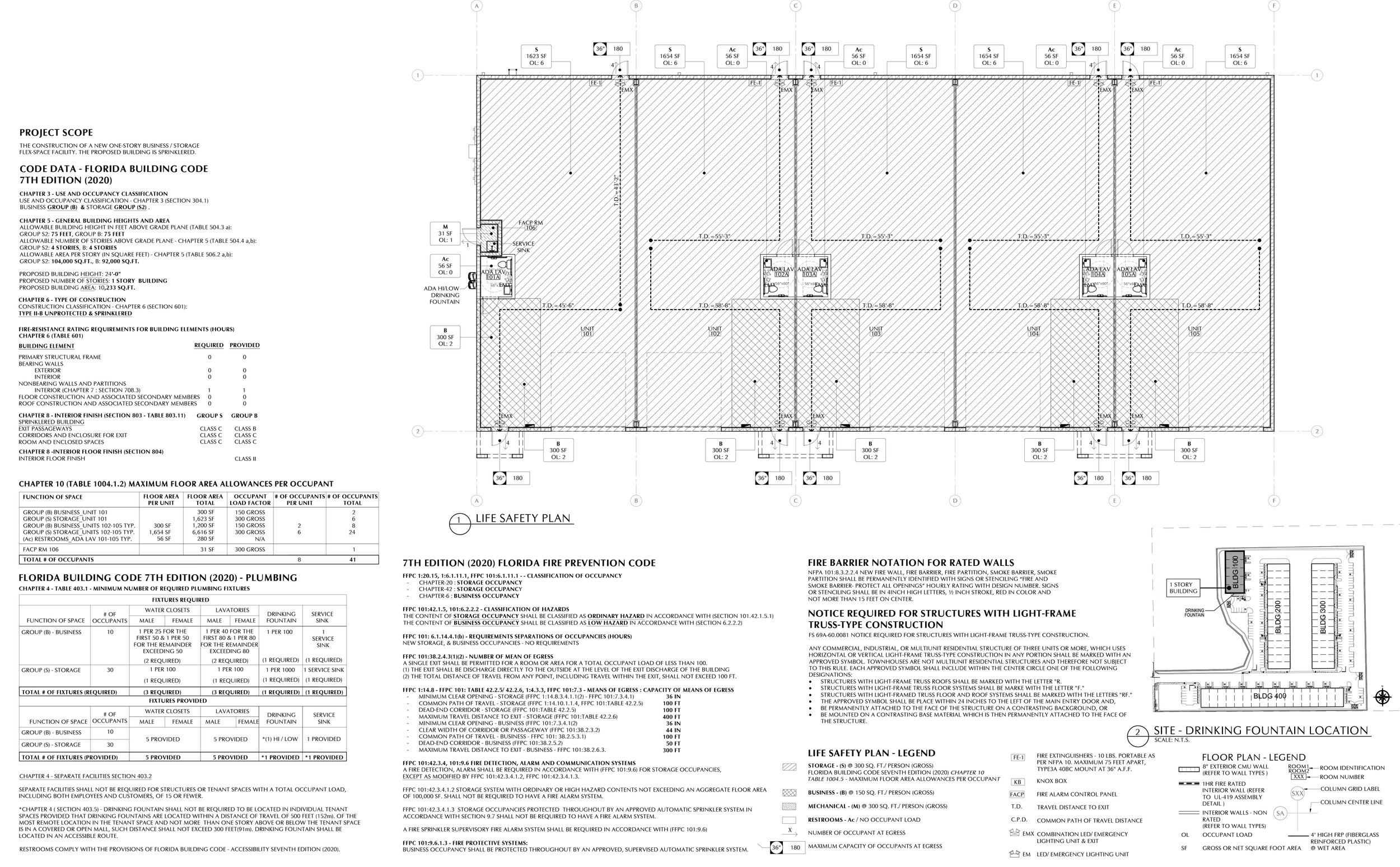 Blueprint of a building's roof plan showing electrical and plumbing details, with designated units and safety features.