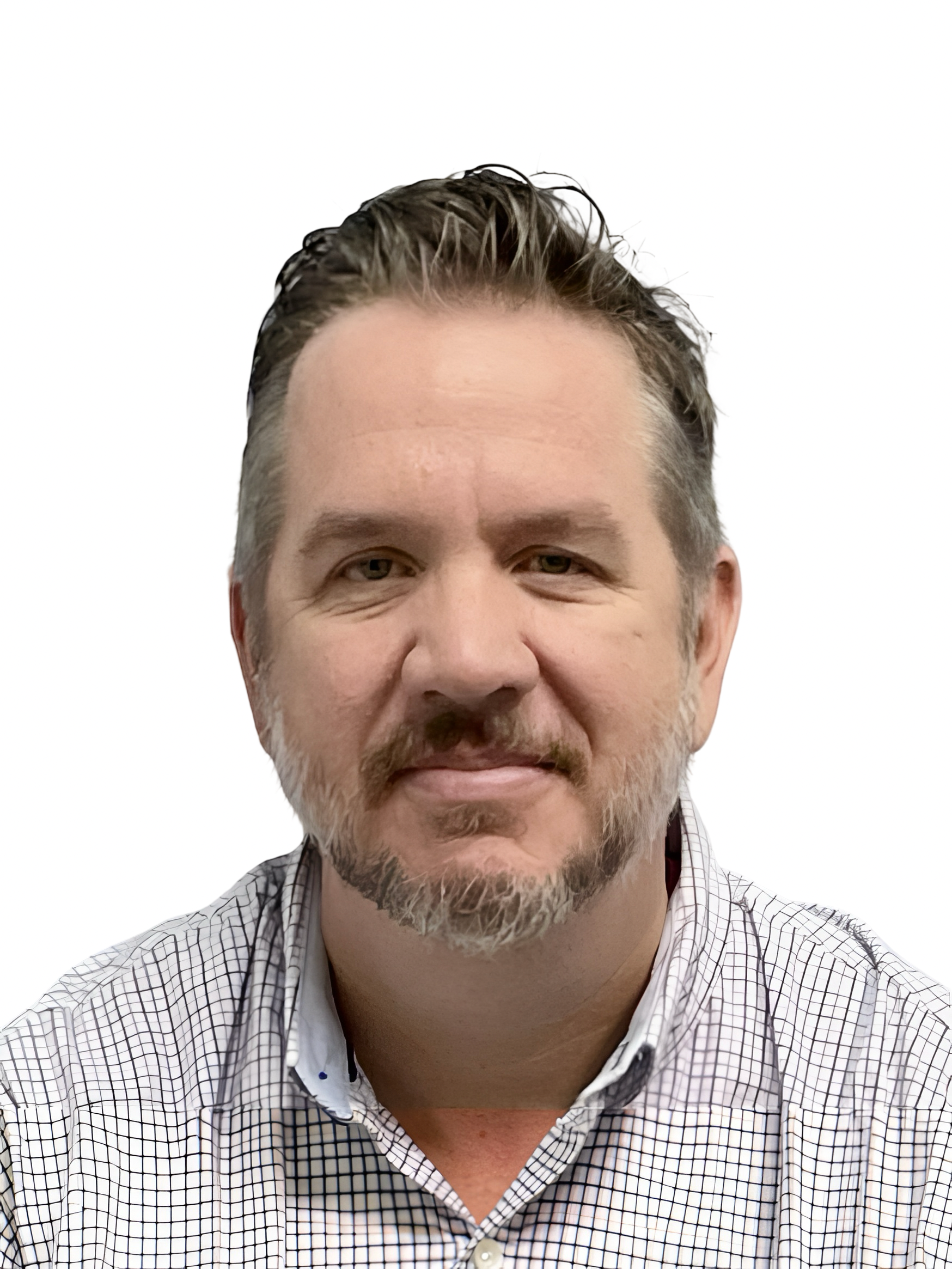 Close-up of middle-aged man with gray hair and beard wearing a white and black checkered shirt, smiling against a white background.