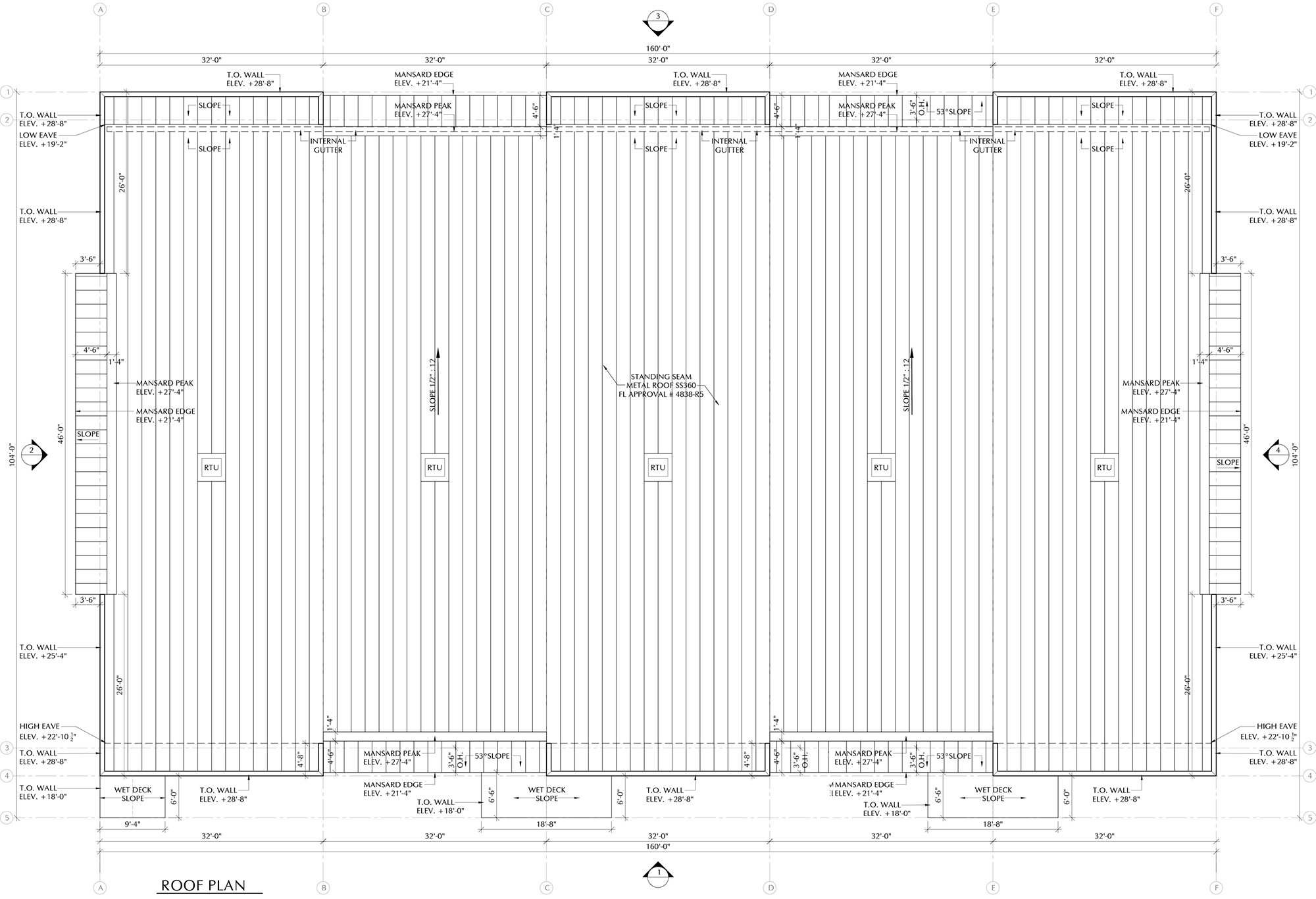 Architectural roof plan drawing for a building, showing various measurements, slopes, gutters, and roof edge details.
