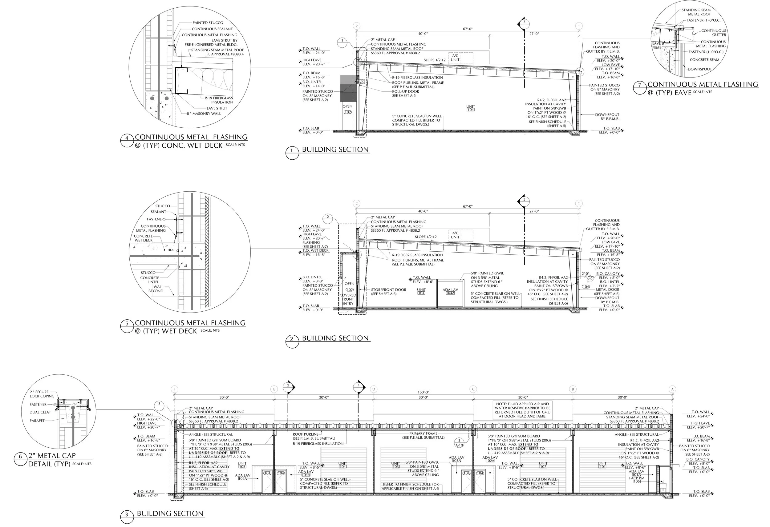 Detailed architectural blueprints showing building sections, construction details, wall and roof structures, insulation, flashing, and metal flashing components for a construction project.