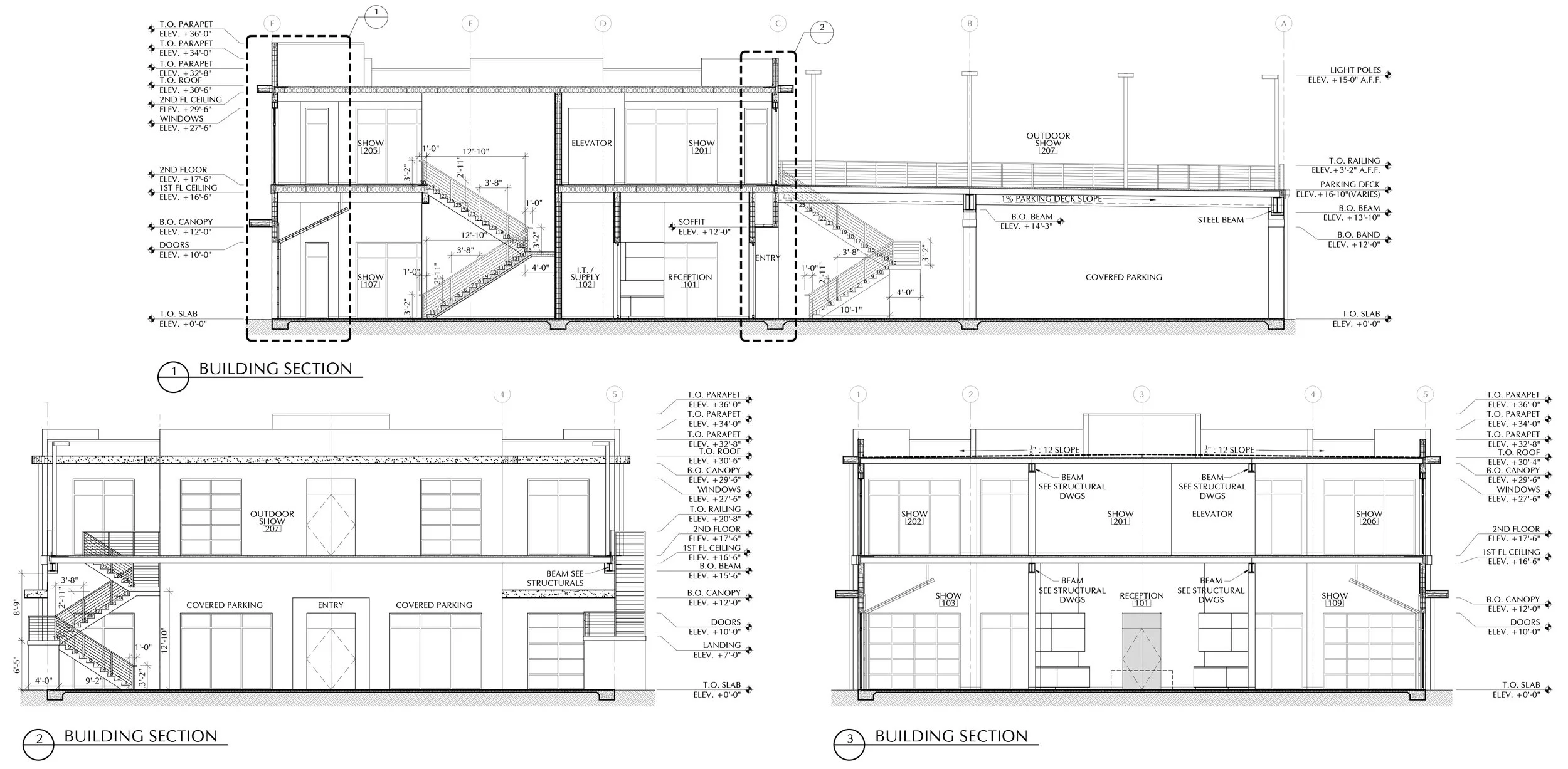 Architectural blueprint of a multi-story building with detailed section views, including specifications for floors, walls, windows, stairs, entrances, and structural elements.