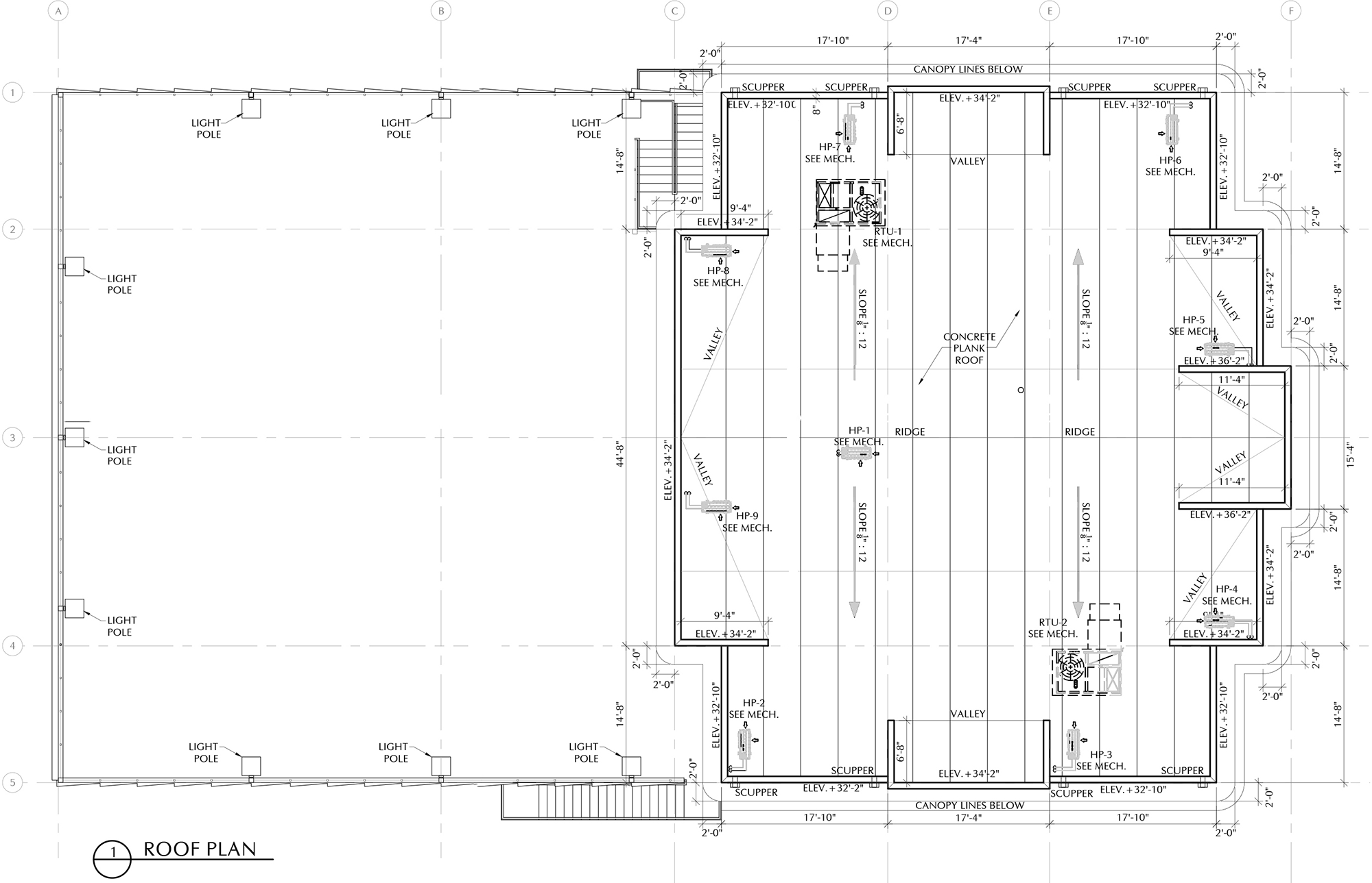 Roof plan blueprint showing dimensions, light poles, scupper, valley, elevation levels, and mechanical units for a building roof.