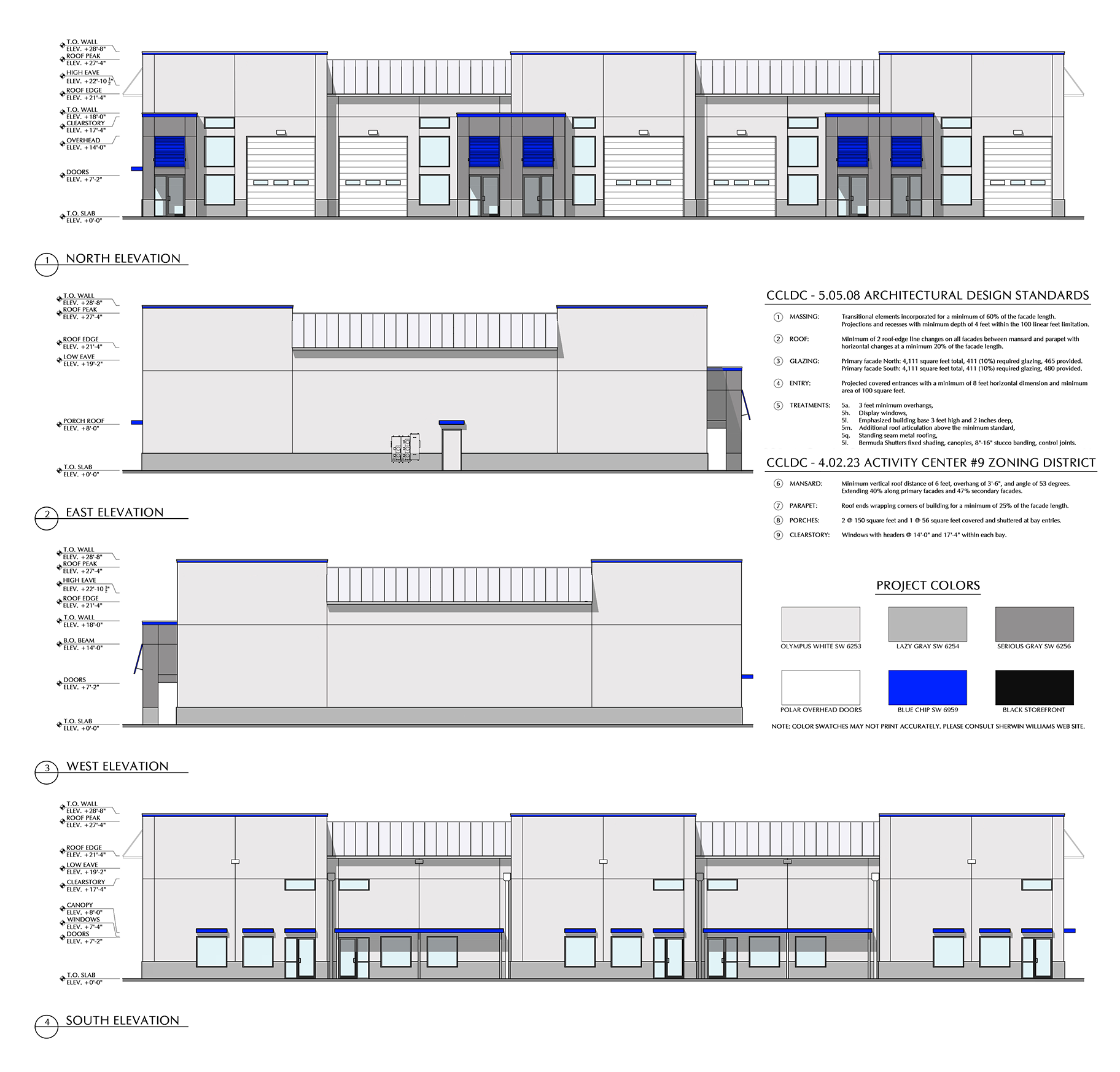 Architectural blueprints of a modern building, showing four elevation views (north, east, west, south) with notes on materials, colors, and design standards.