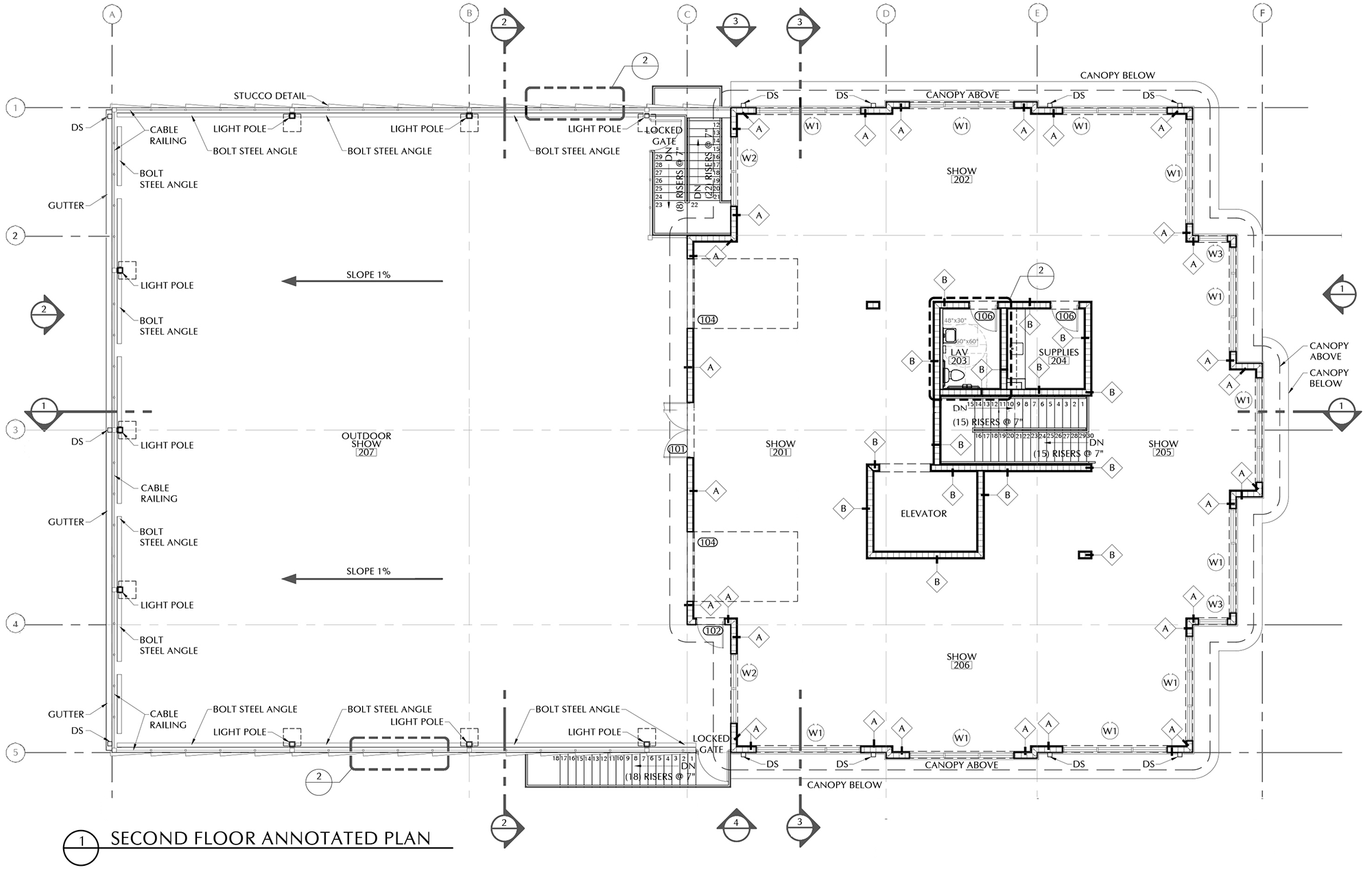 Detailed architectural blueprint of the second floor with annotations, showing rooms, stairs, elevators, and various structural elements in a building plan.