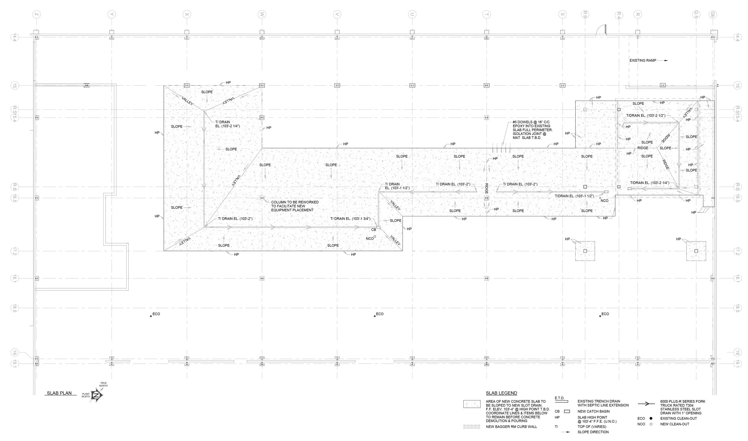 Architectural blueprint of a building's foundation with detailed notes on slopes, drain elevations, and new construction areas.