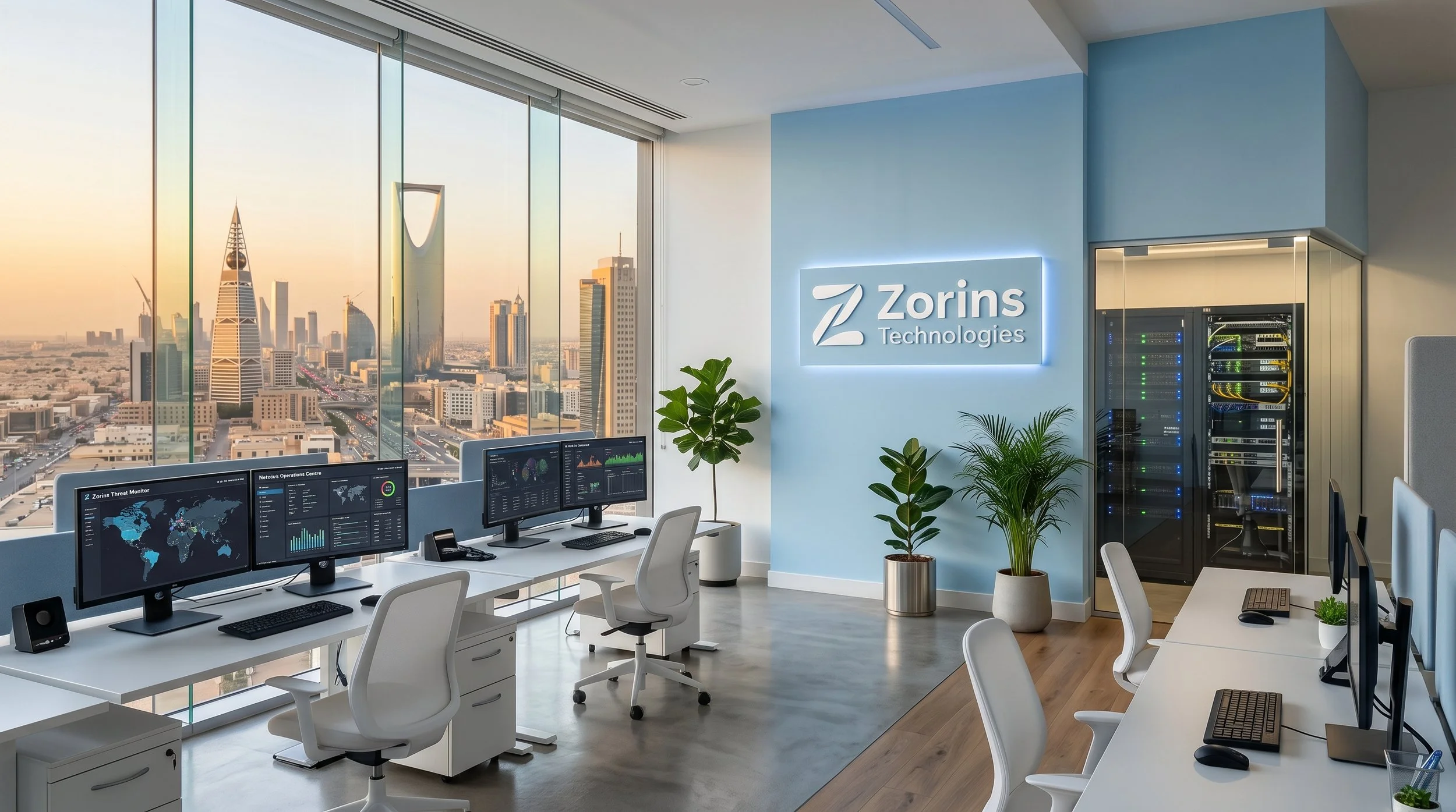 Modern office with multiple desks and computer monitors, large windows showing city skyline, potted plants, and a sign reading 'Zorins Technologies' on the wall.