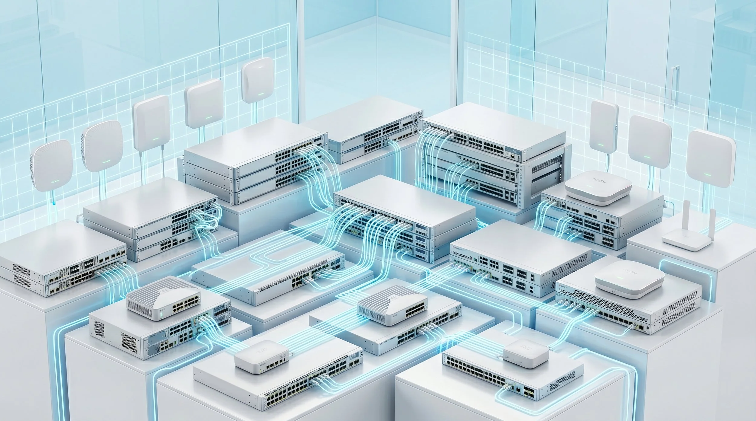 Illustration of a data center with multiple servers, routers, and networking equipment connected by glowing blue cables.