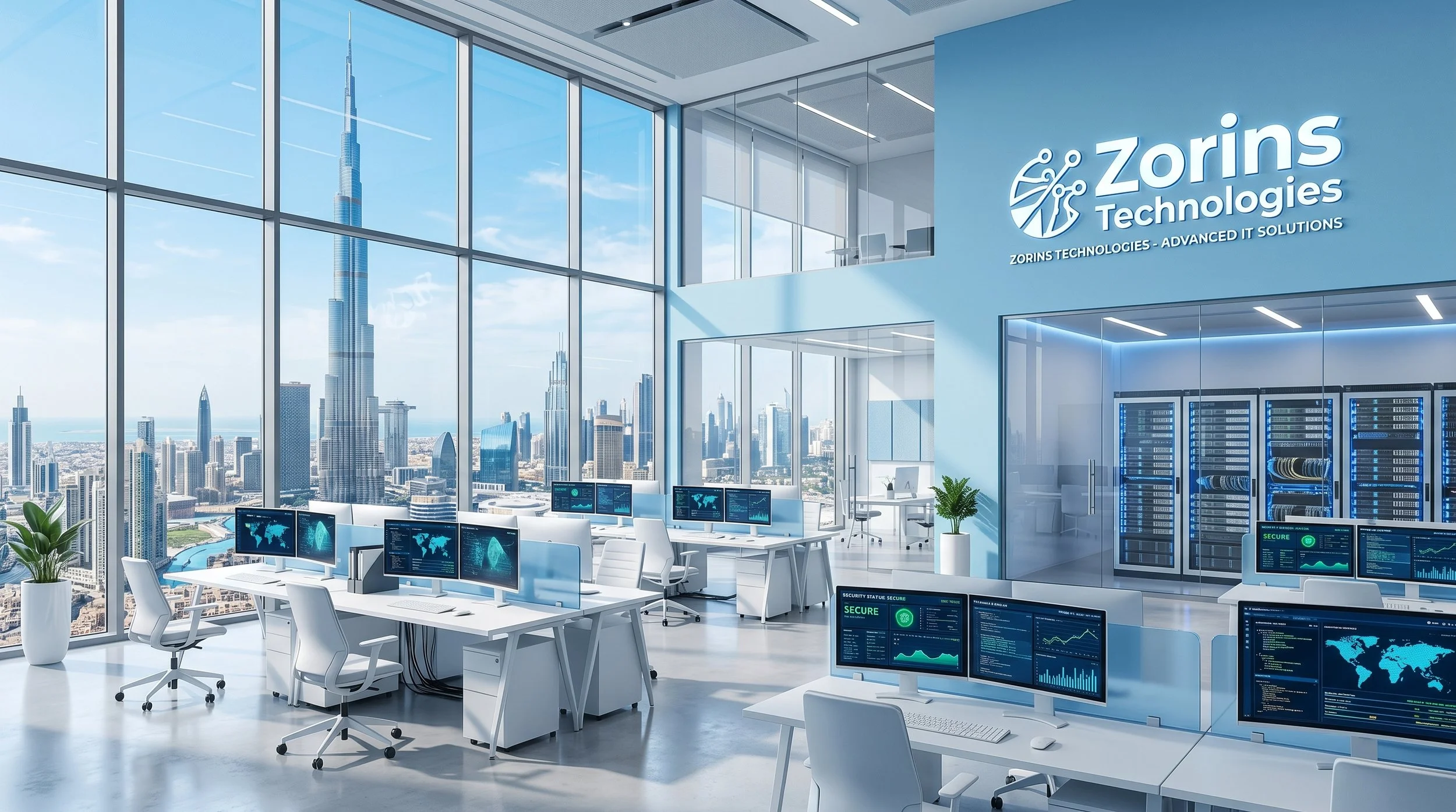 Modern office with large windows showing a city skyline, including the Burj Khalifa, with multiple workstations equipped with monitors displaying data and maps, and a sign for Zorins Technologies on the wall.