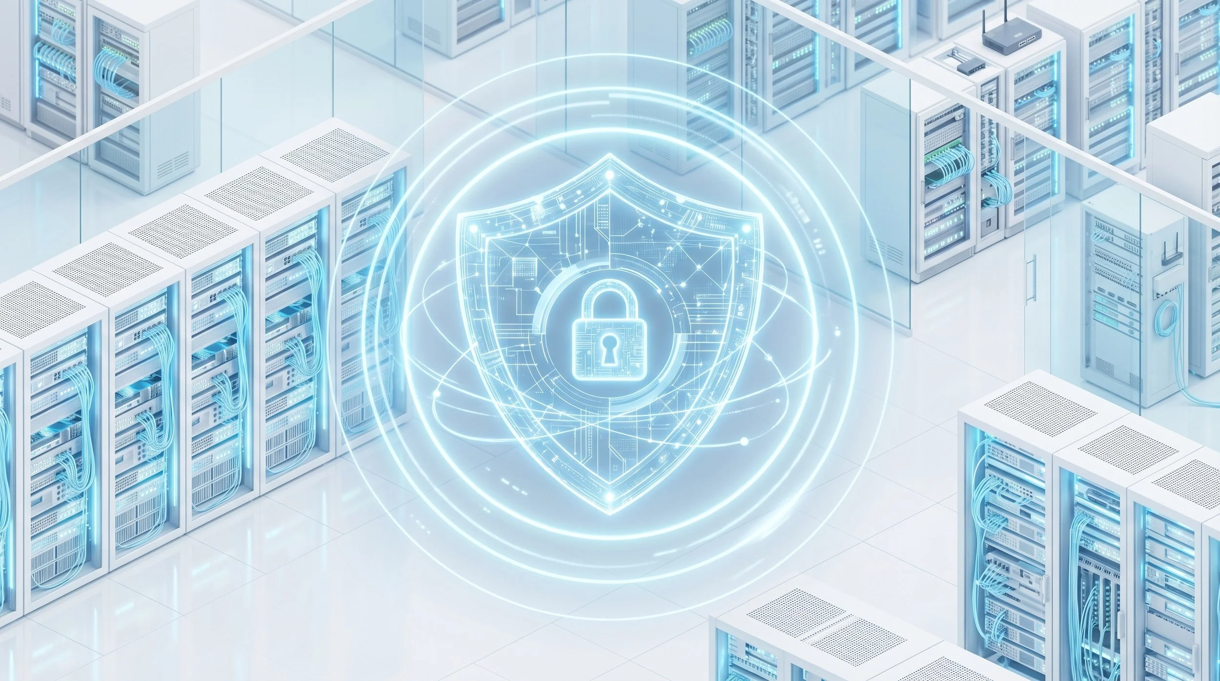 A digital illustration of a secure data center with server racks and a glowing shield with a padlock, representing cybersecurity.