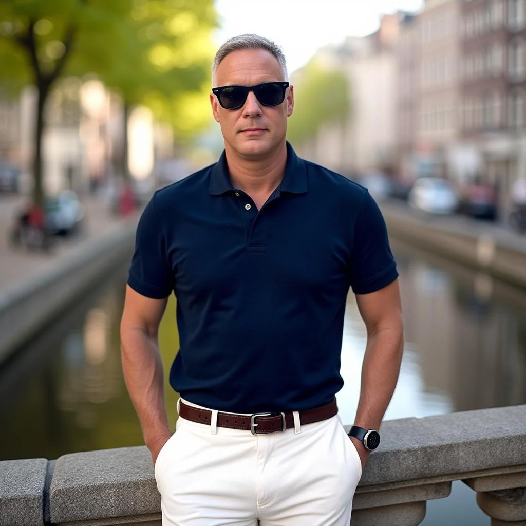 A man wearing a navy blue polo shirt, beige pants, black sunglasses, and a wristwatch standing outdoors on a city bridge with blurred buildings and a canal in the background.
