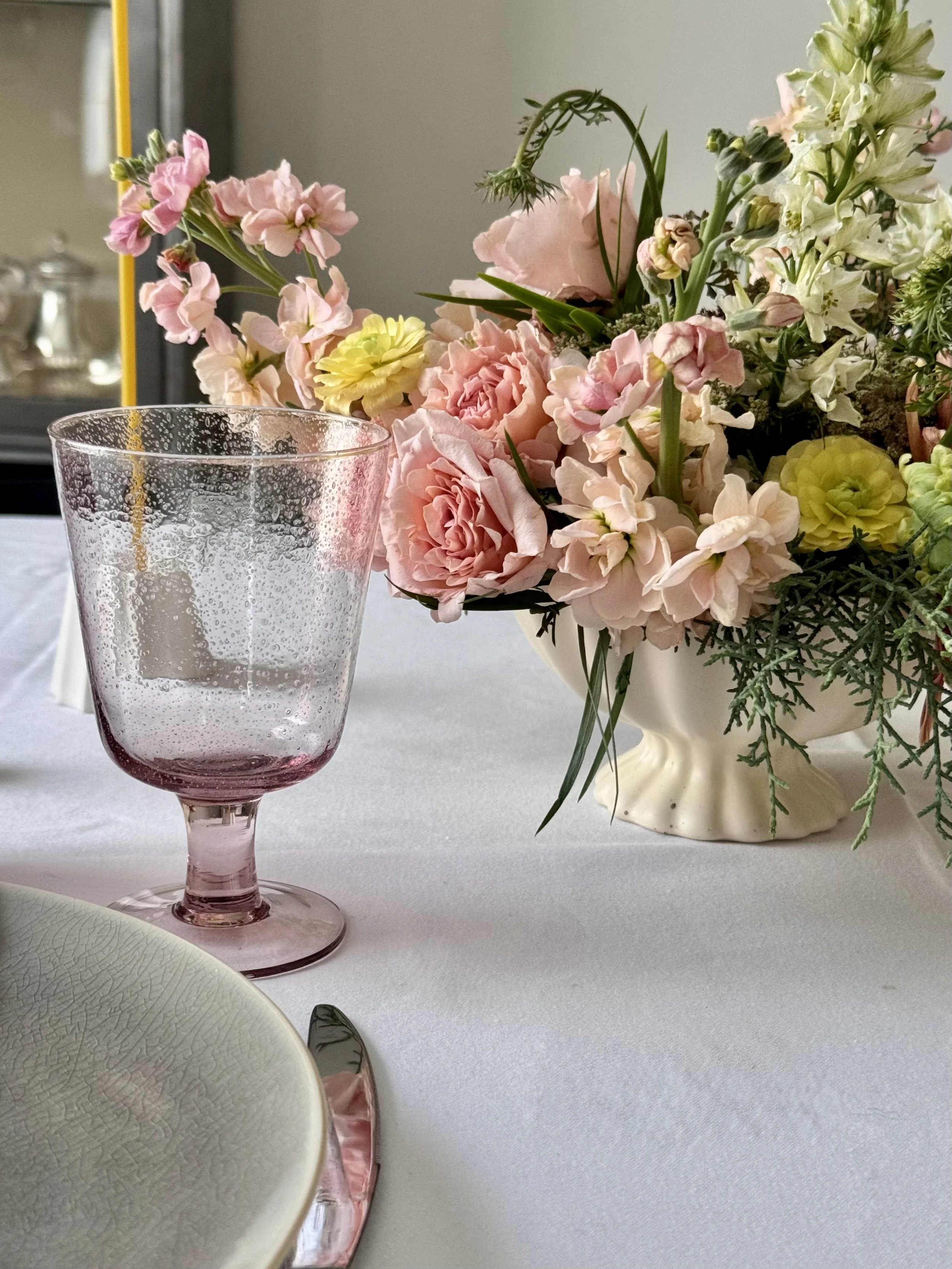 Spring Garden Arrangement in compote vase with pink and yellow flowers with details .jpeg