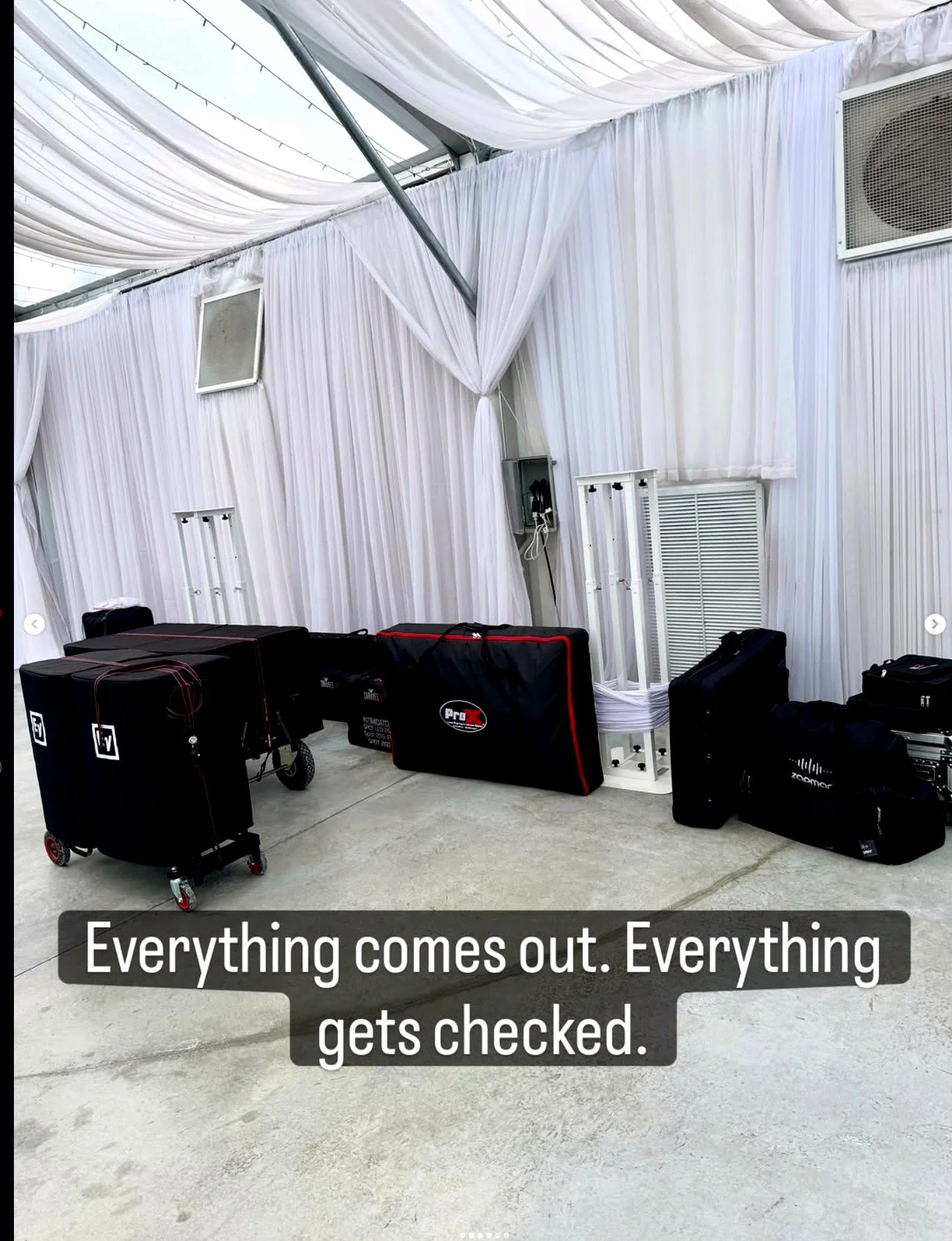 DJ equipment cases being checked before a Miami wedding setup