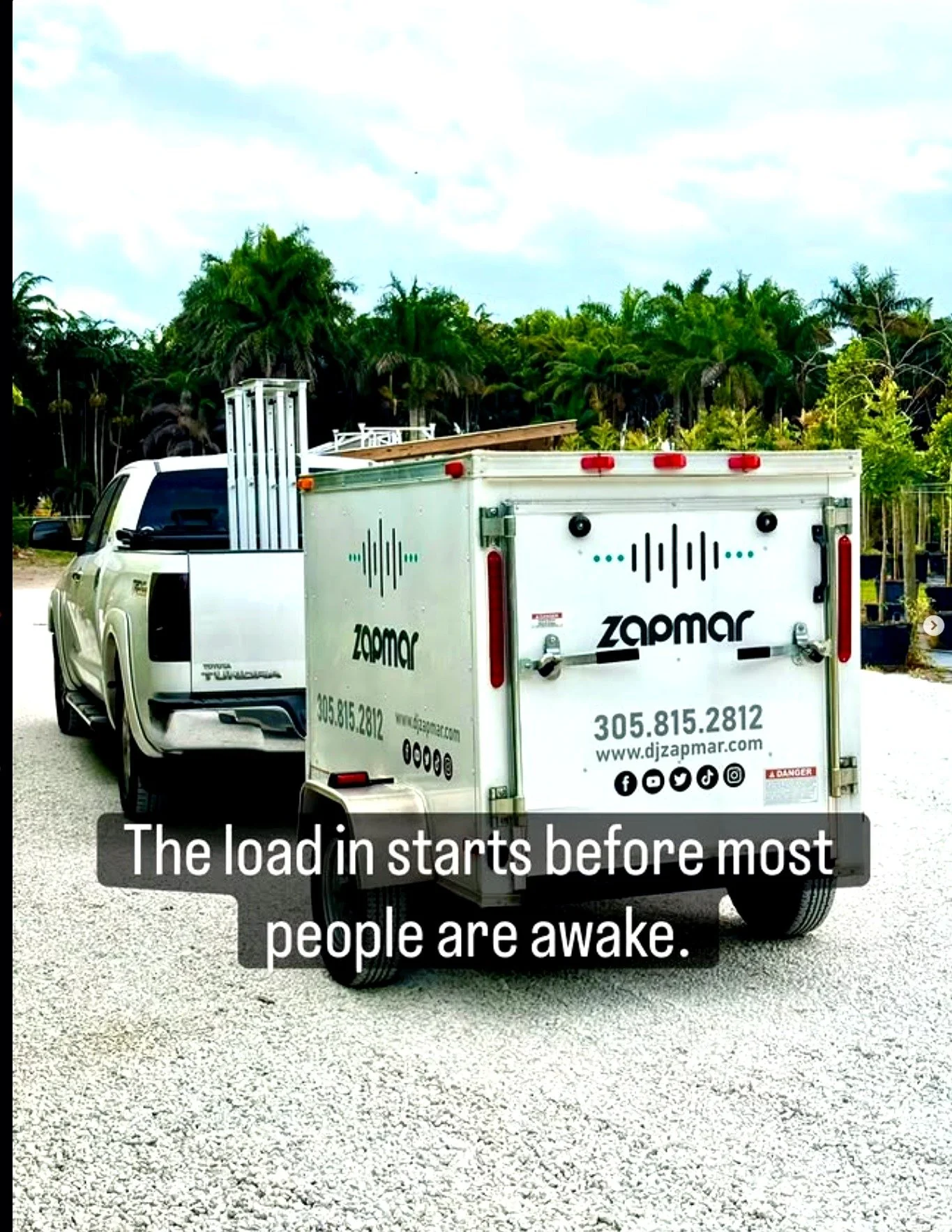 DJ Zapmar trailer and gear arriving for a Miami wedding setup