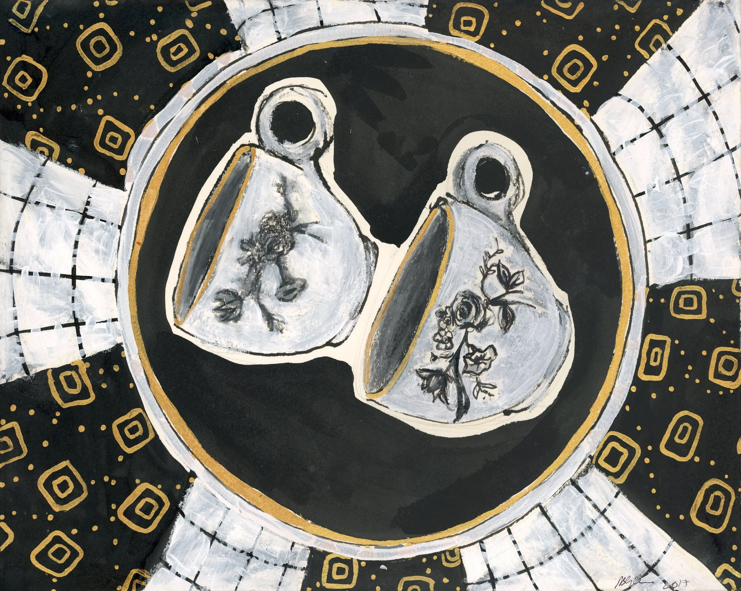  Domestic Mementos: 
Flo’s Hanging Teacups 2  
2017, Archival Print, Gold Paint  
11”H x 14”W