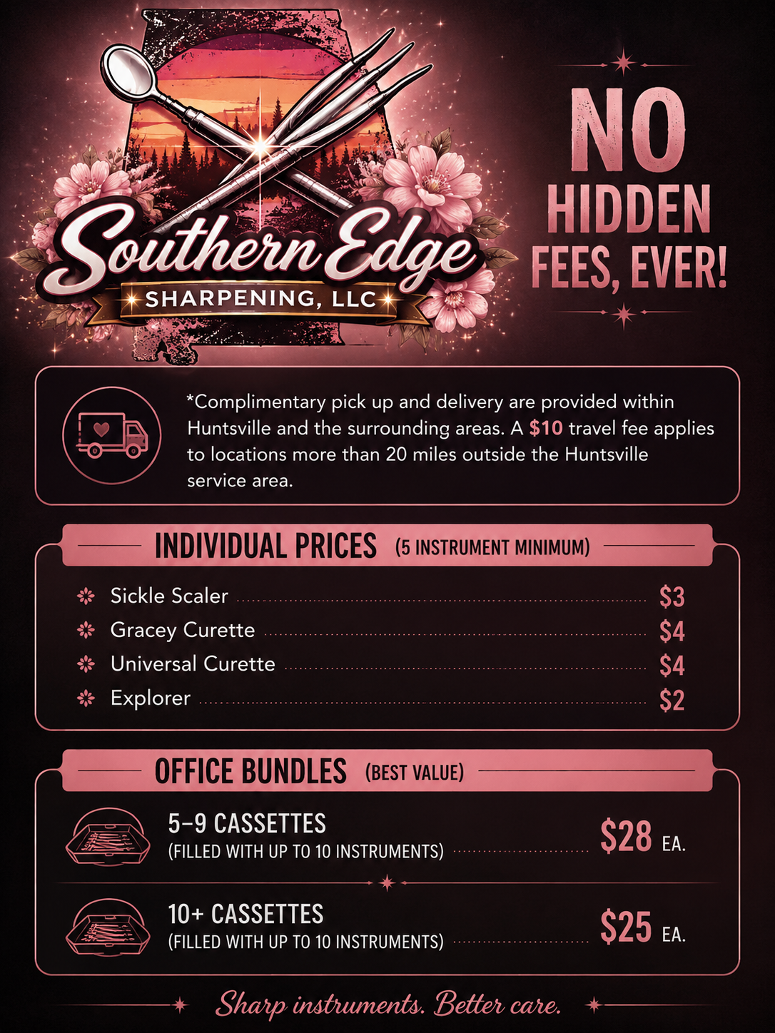A promotional poster for Southern Edge Sharpening, LLC, advertising knife sharpening services with free pickup and delivery within Huntsville, Alabama. The poster features a sunset background, pink flowers, and kitchen utensils, with pricing for individual knife services and office bundles, emphasizing no hidden fees.