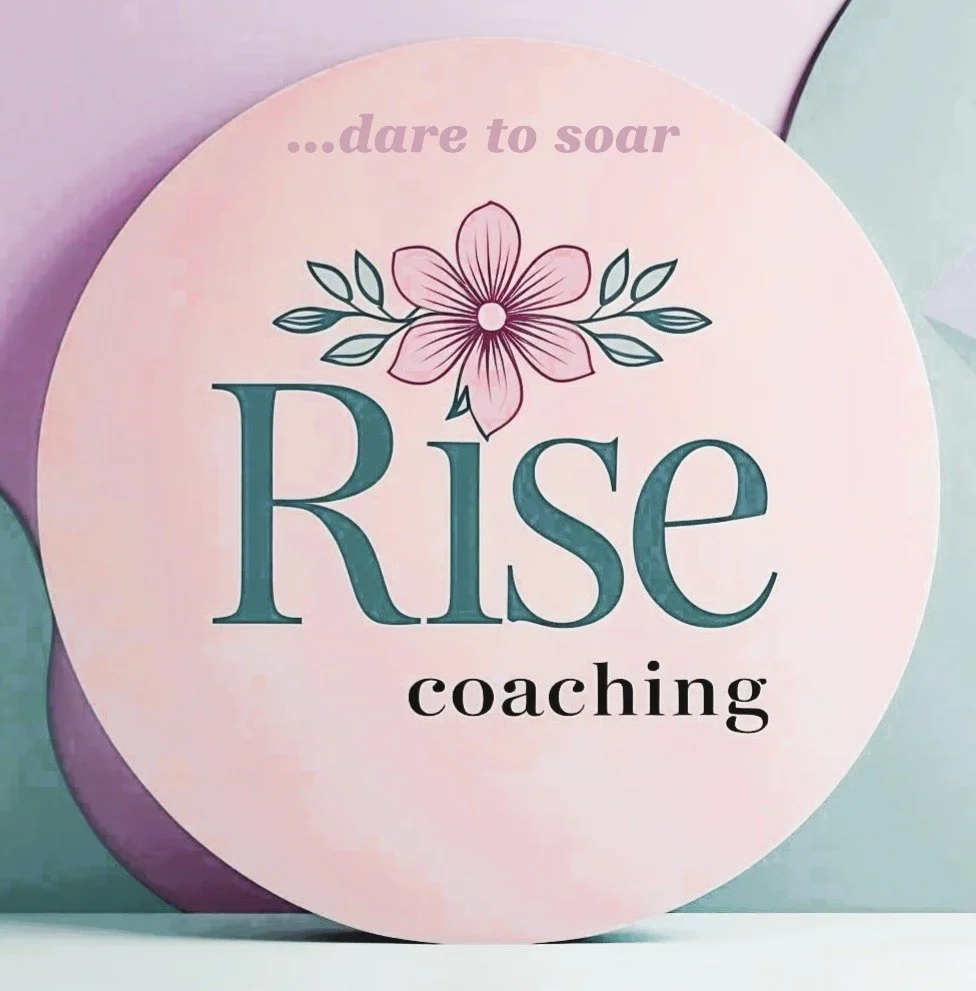 A circular sign with the words 'Rise coaching' and a pink flower illustration, with the phrase 'dare to soar' at the top.