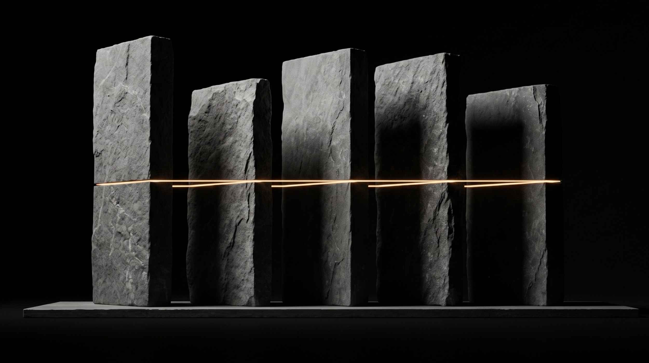 Esculturas de piedra en forma de columnas con una luz delgada que pasa entre ellas, sobre un fondo negro.