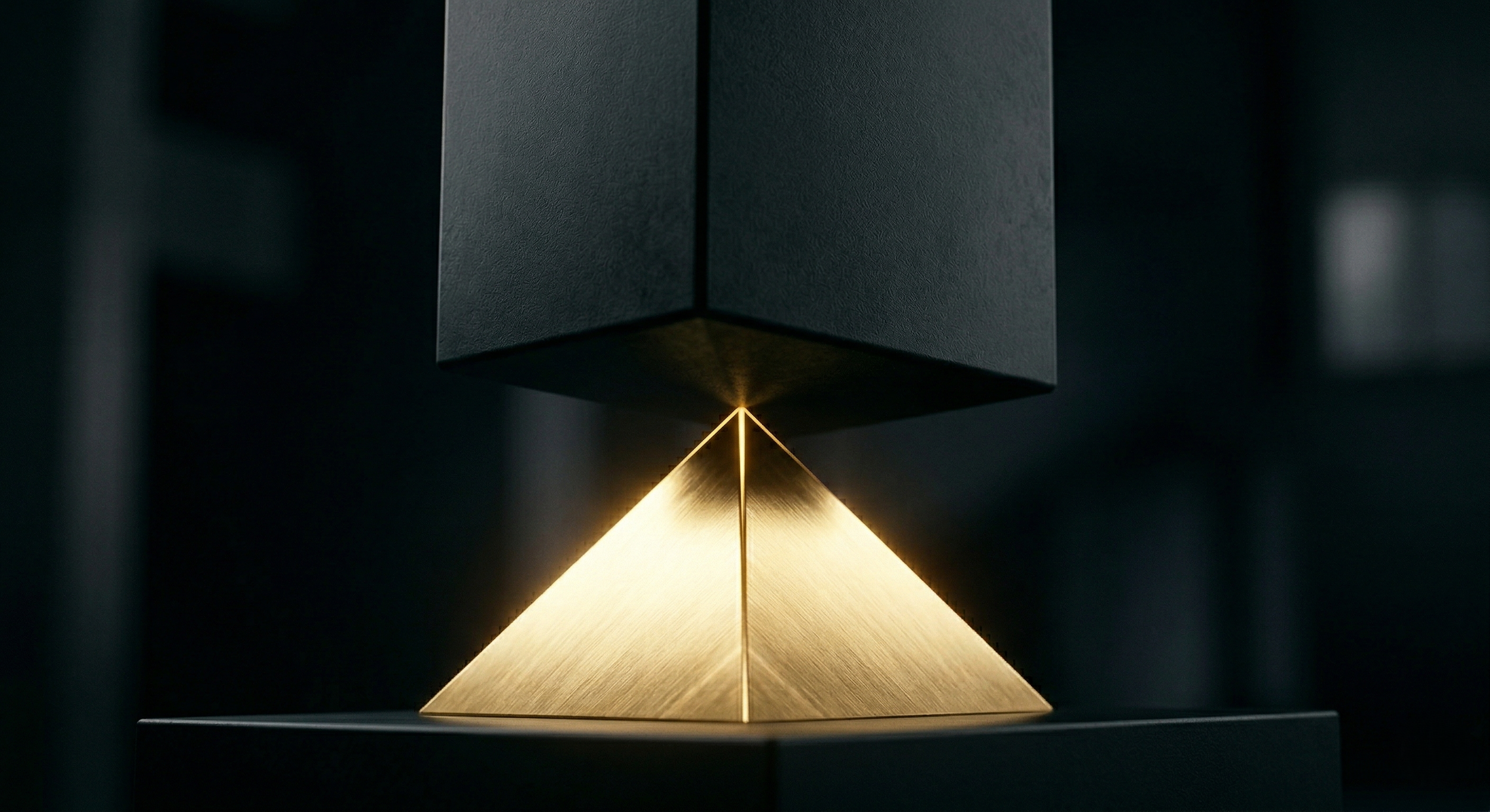 Estructura moderna de forma piramidal con iluminación dorada en un entorno oscuro.