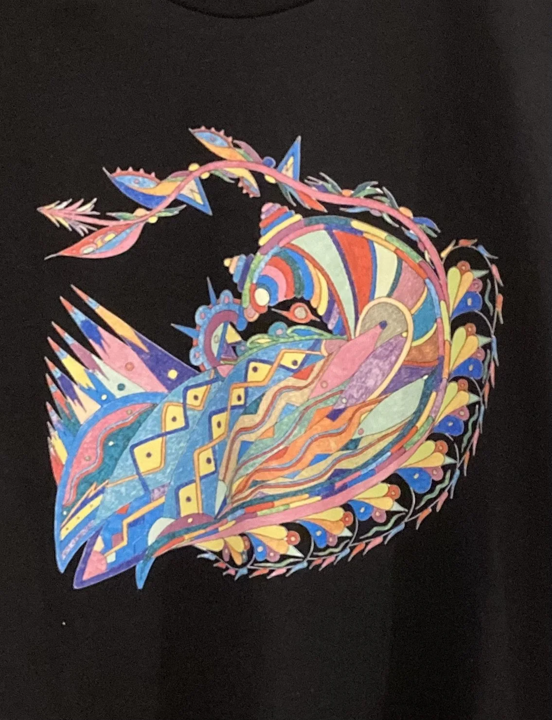 Colorful abstract pattern resembling a stylized fish or whale shape on a black background.