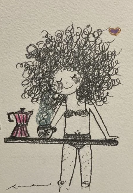 A whimsical drawing of a girl with curly hair, wearing lingerie, holding a cup with steam, standing with a table containing a corset and a cup, with a small purple heart with a gold outline near her hair.