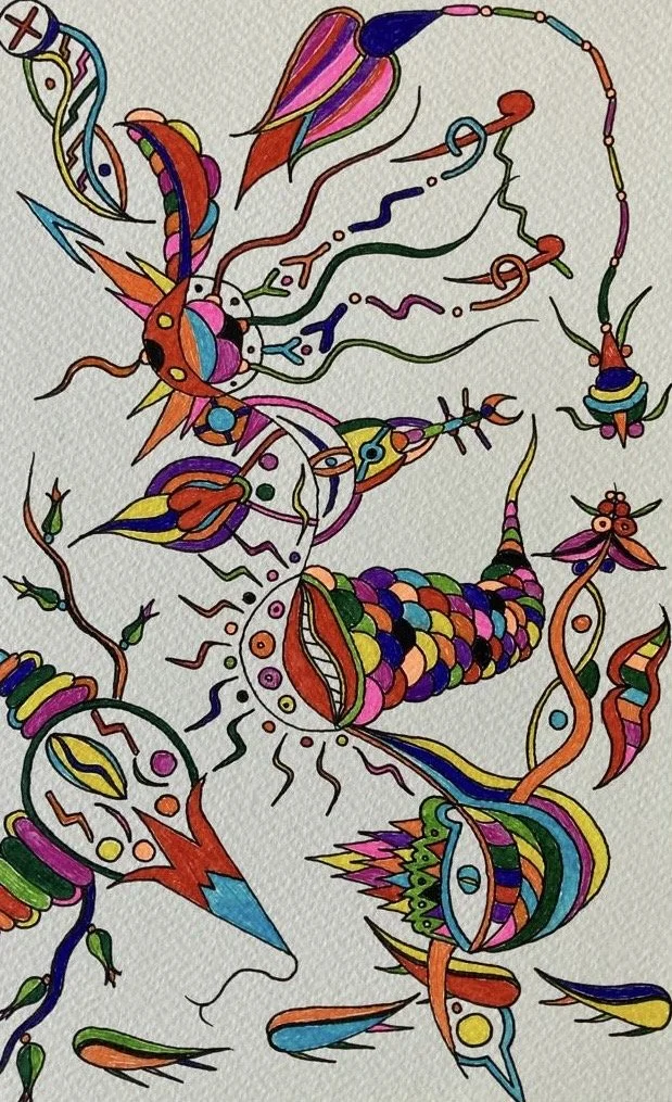Colorful abstract drawing with tentacle-like and organic shapes, featuring a central large mouth with teeth, surrounded by swirls, lines, and various geometric patterns.