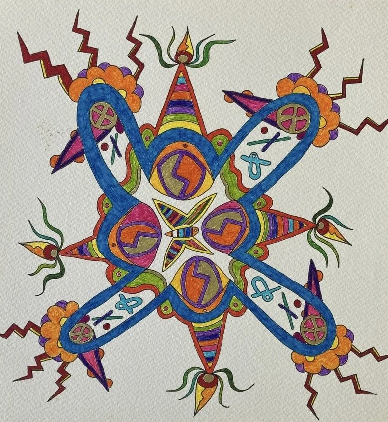 Colorful, symmetrical abstract design with geometric shapes, spirals, lightning bolts, and swirling lines in bright rainbow colors.