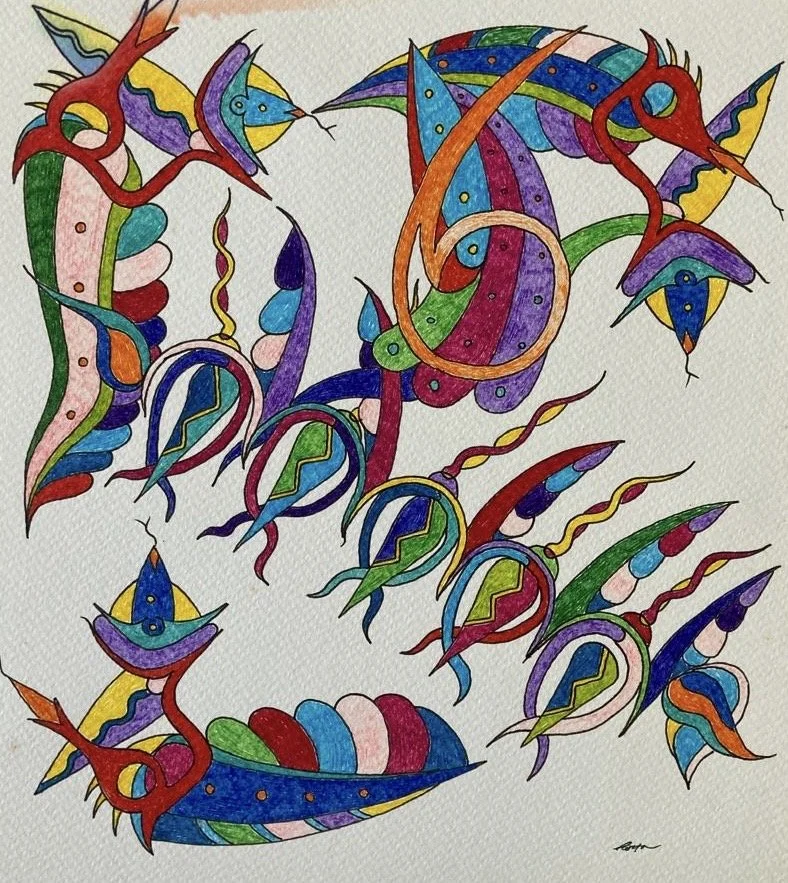 Colorful abstract drawing with curved lines and shapes, resembling mythical creatures or dragons.