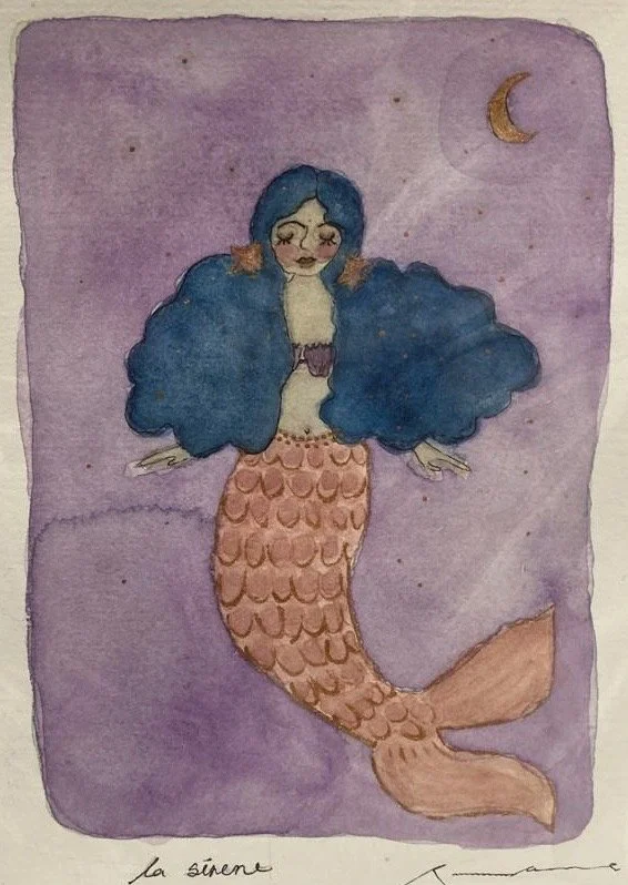 A watercolor painting of a mermaid with long blue hair, a purple seashell top, and an orange fish tail, swimming under a purple sky with a crescent moon.