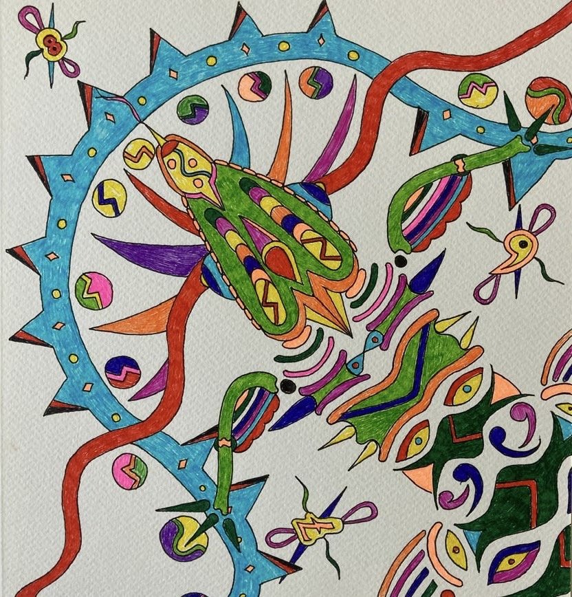 Colorful abstract drawing with various shapes, lines, and patterns, including a butterfly in the center, surrounded by circular and spiked elements in bright colors.