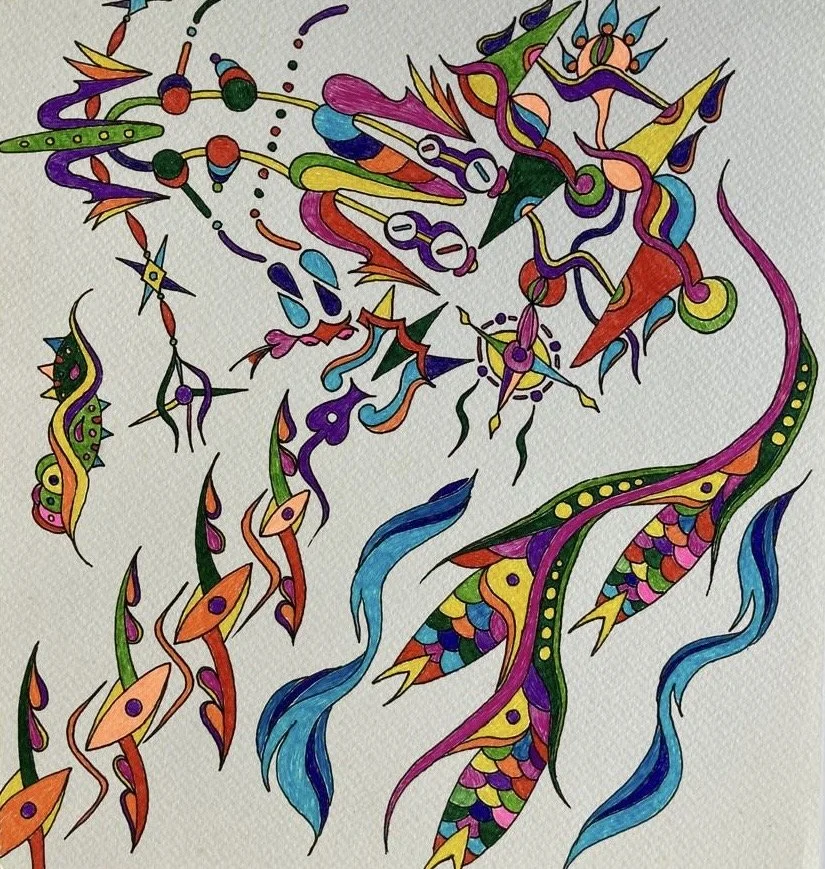 Abstract colorful drawing with shapes resembling creatures, scales, and flowing lines in vivid colors such as purple, green, orange, blue, and red.
