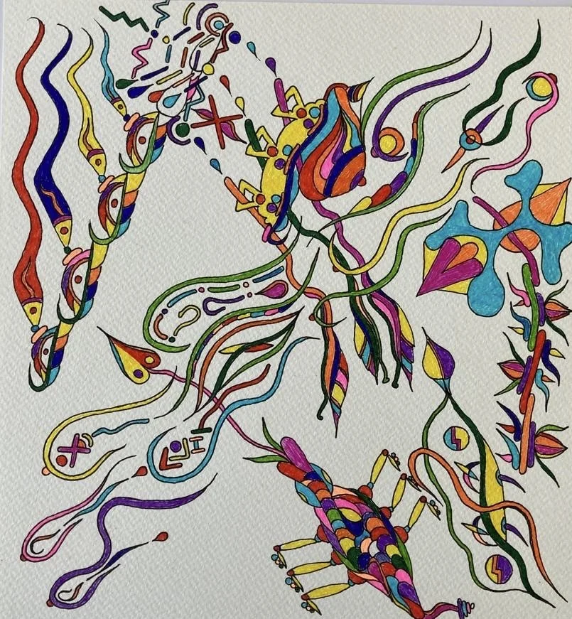 Colorful abstract drawing featuring a woman with flowing hair, a butterfly, a ladybug, and various geometric shapes and lines.