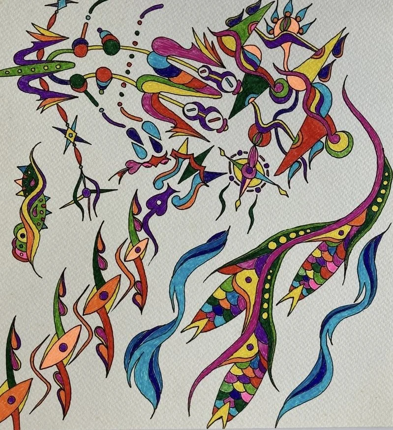 Colorful abstract drawing of a dragon with scales, flames, and various shapes in vibrant colors.